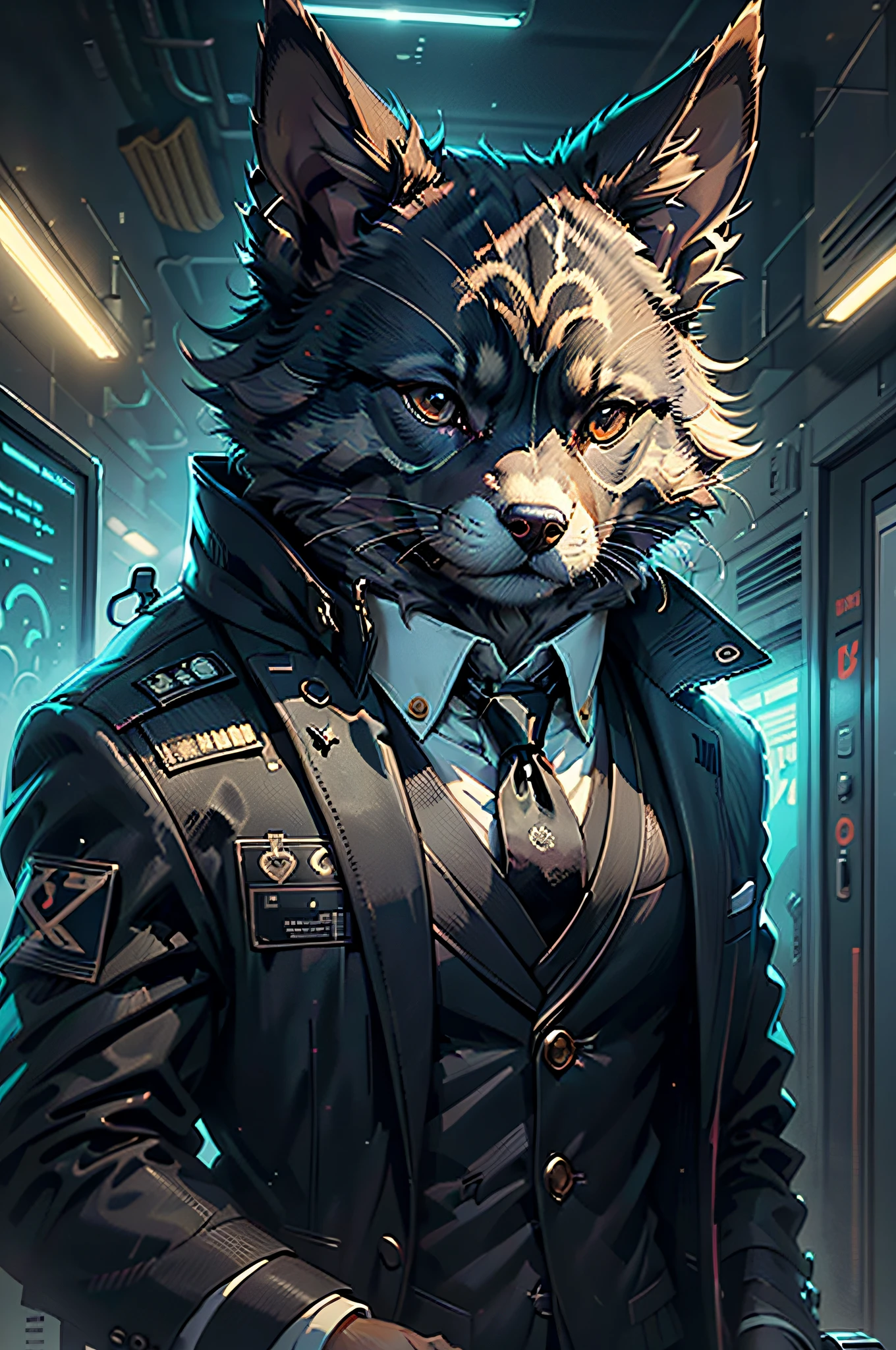 (Man in black suit and tie)Cartoons、Anthropomorphic lop-eared shepherd dog、cyberpunked