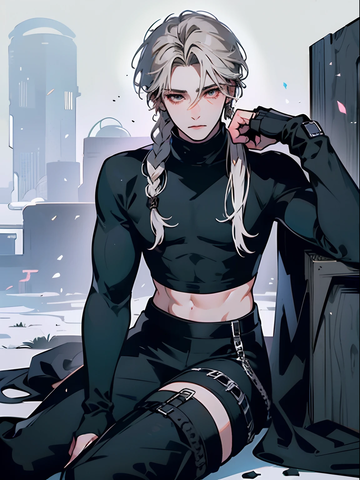 A boy with，Golden eyes，Medium length gray hair，A twisted braid，Black turtleneck tight-fitting top，Crop topping，Half-fingered gloves，Over-the-knee boots，frosty，lies on the ground