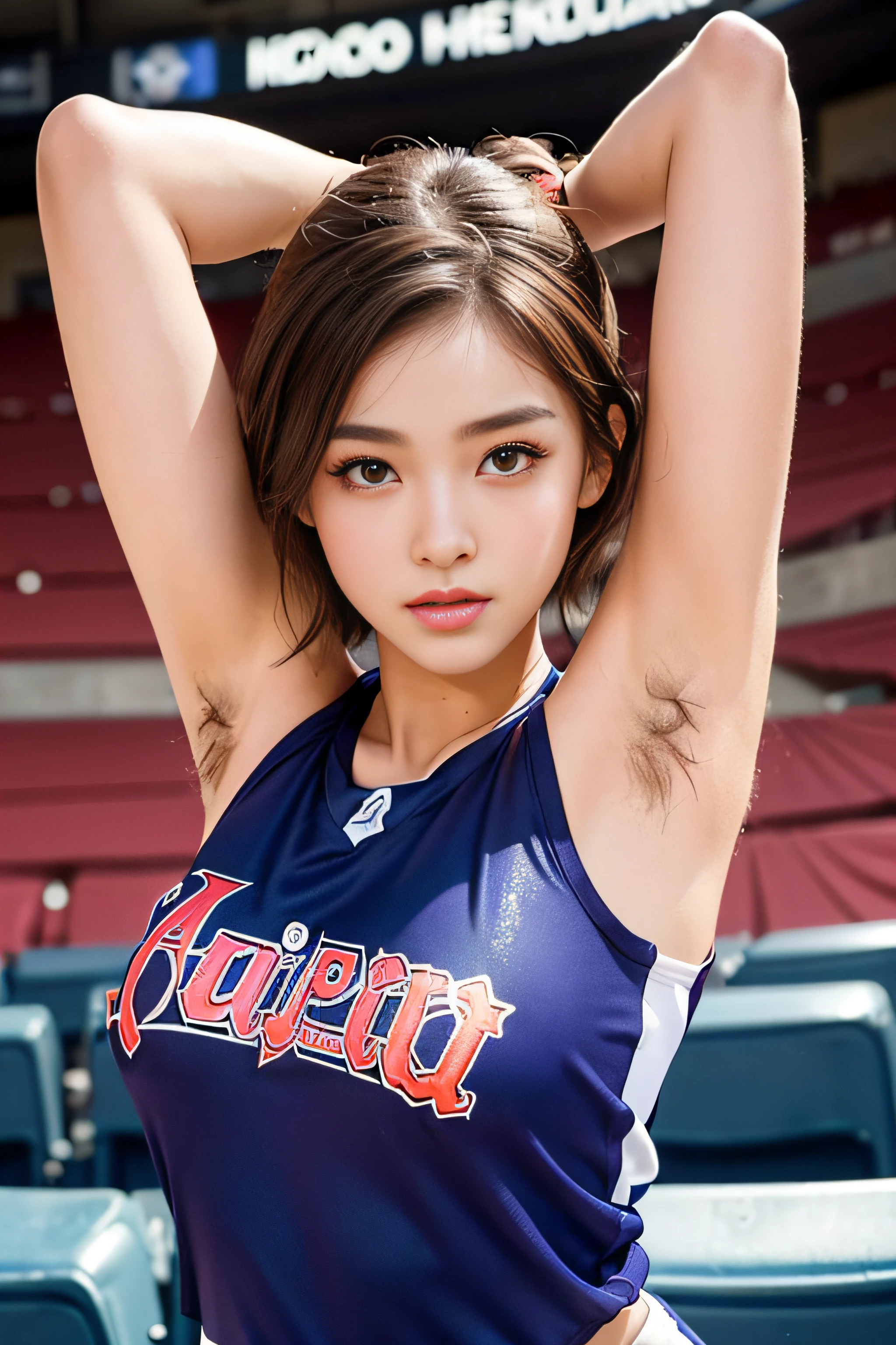 1womanl、(Super beautiful)、(beauitful face:1.5)、22year old、Professional Baseball Team Cheerleading、hairarmpits、(Armpit hair:1.4)、(sleeveless clothes)、(You can see the shape of the nipple:1.1)、makeup、(wetted skin)、 Brown hair、(Cheering seats in a fully booked stadium)、At SFW