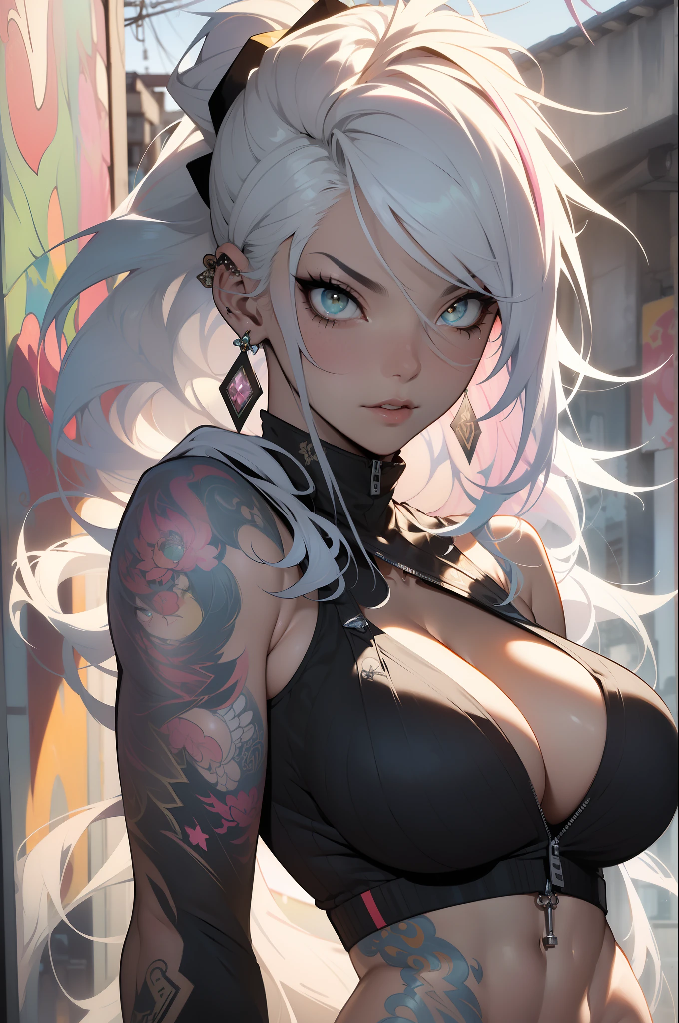 ((Best quality UHD)), ((masterpiece)), (detailed: 1.4), (Absurd), the most beautiful and sexy punk rock girl, long rainbow colored hair blowing in the wind, pale kinetic skin, vibrant glowing yellow eyes, hot woman, wearing highly detailed hoodie graphict-shirt and torn skinny jeans, sculptural body (((huge enormously gigantic tits, cleavage showing)), tons of tattoos and piercings(((unkempt hair)), very long finely detailed eyelashes, by mucha, niji --V5, close to real, sexy dynamic pose, pastel, centered, scale to fit the dimensions, graffiti style background, highy detailed background, perfect masterpiece, best quality, best resolution