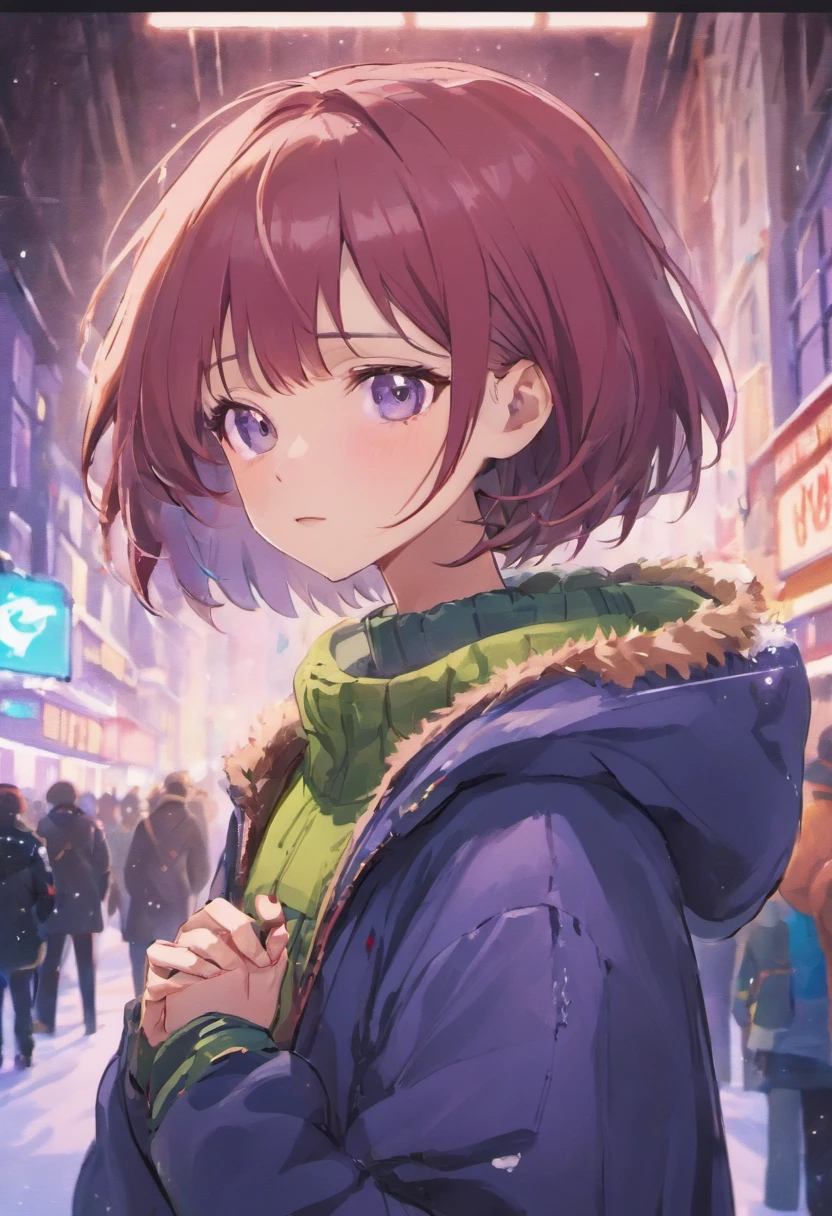 best quality, medium:1.1, detailed, realistic, vivid colors, professional, bokeh, portrait, winter scenery, purple snow jacket, green sweater, snow, crossed hands, serious expression, brown hair, bob haircut with bangs, white gloves, big blue eyes