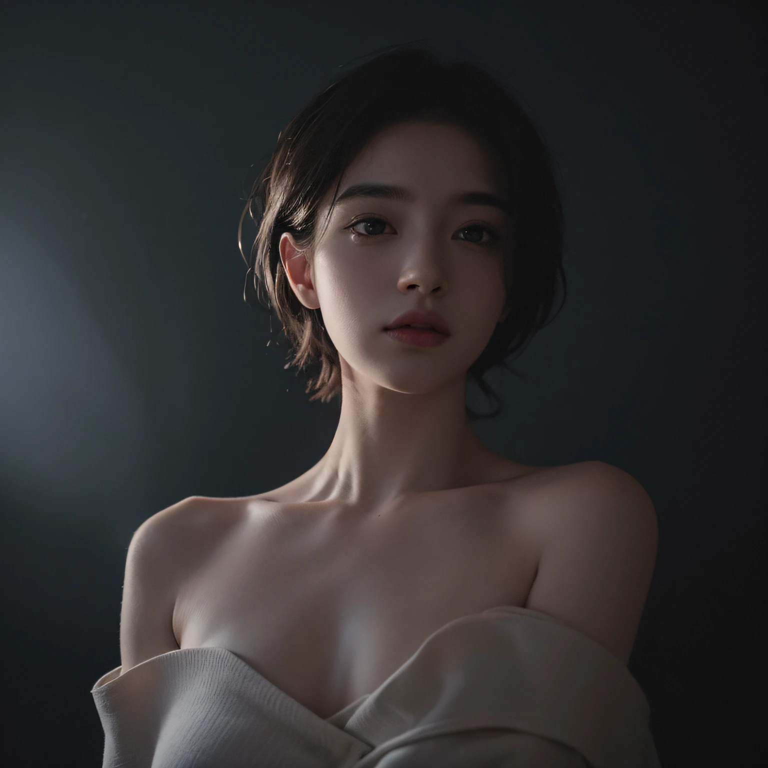 Best quality, masterpiece, ultra high res, (photorealistic:1.5), raw photo, 1girl, offshoulder, in the dark, deep shadow, low key, cold light, sexy look, short hair