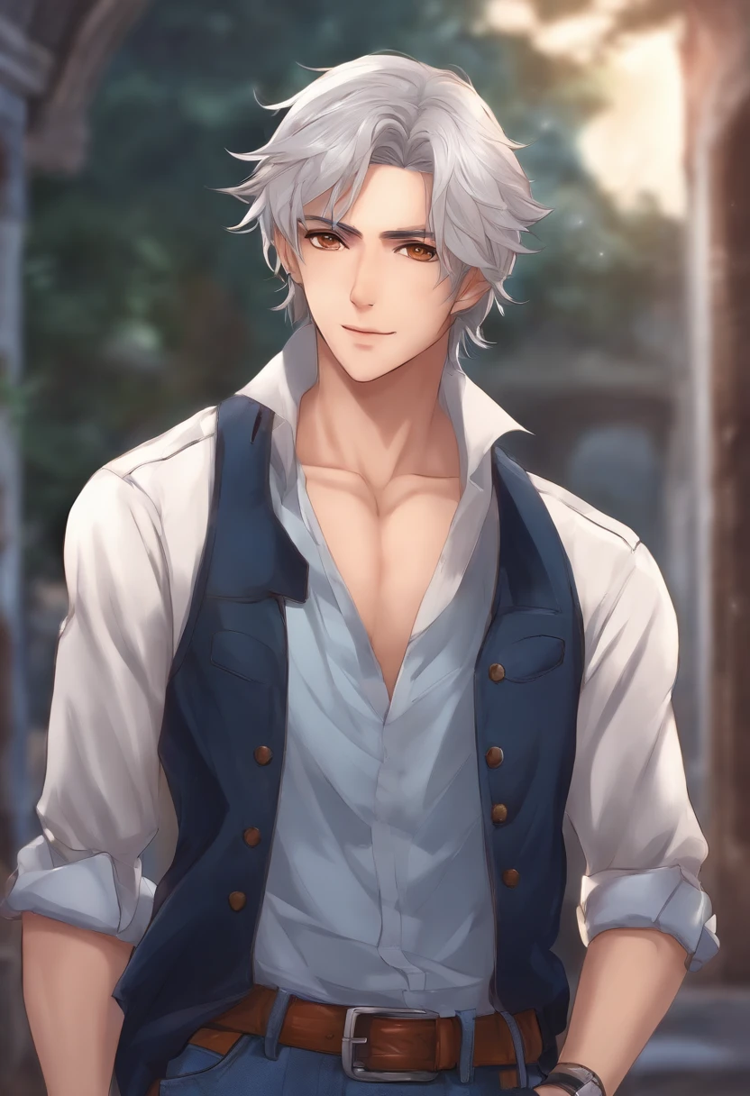 a young man of 21 with brown eyes silver hair weaing a blue jeans and shirt under his vest. Anime