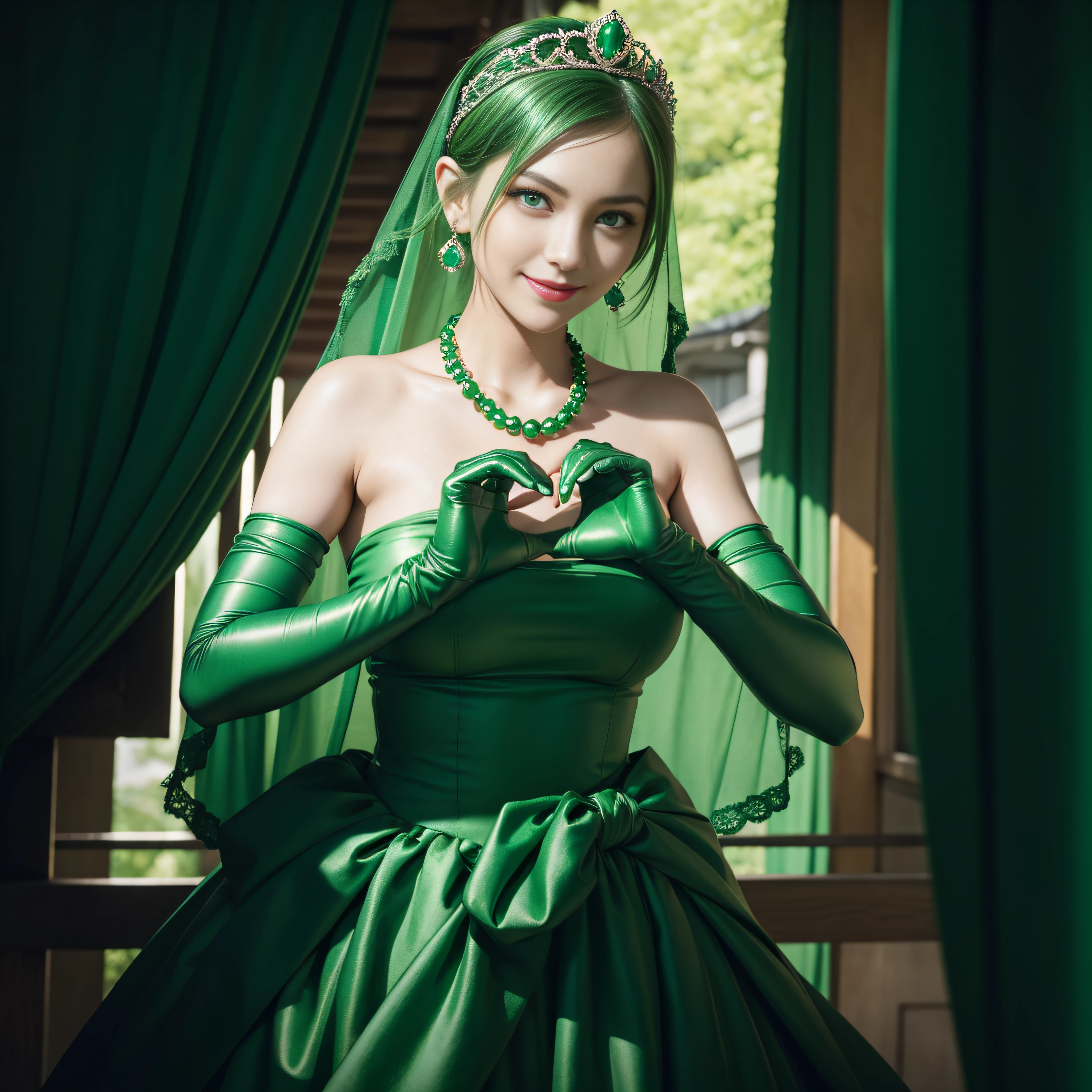 emerald tiara, Green Pearl Necklace, Boyish very short green hair, lipsticks, Japan woman smiling, very short short hair, big breasts beautiful, Green eyes, Long green gloves made of satin material, Green eyes, Emerald Earrings, green vale, Heart with both hands