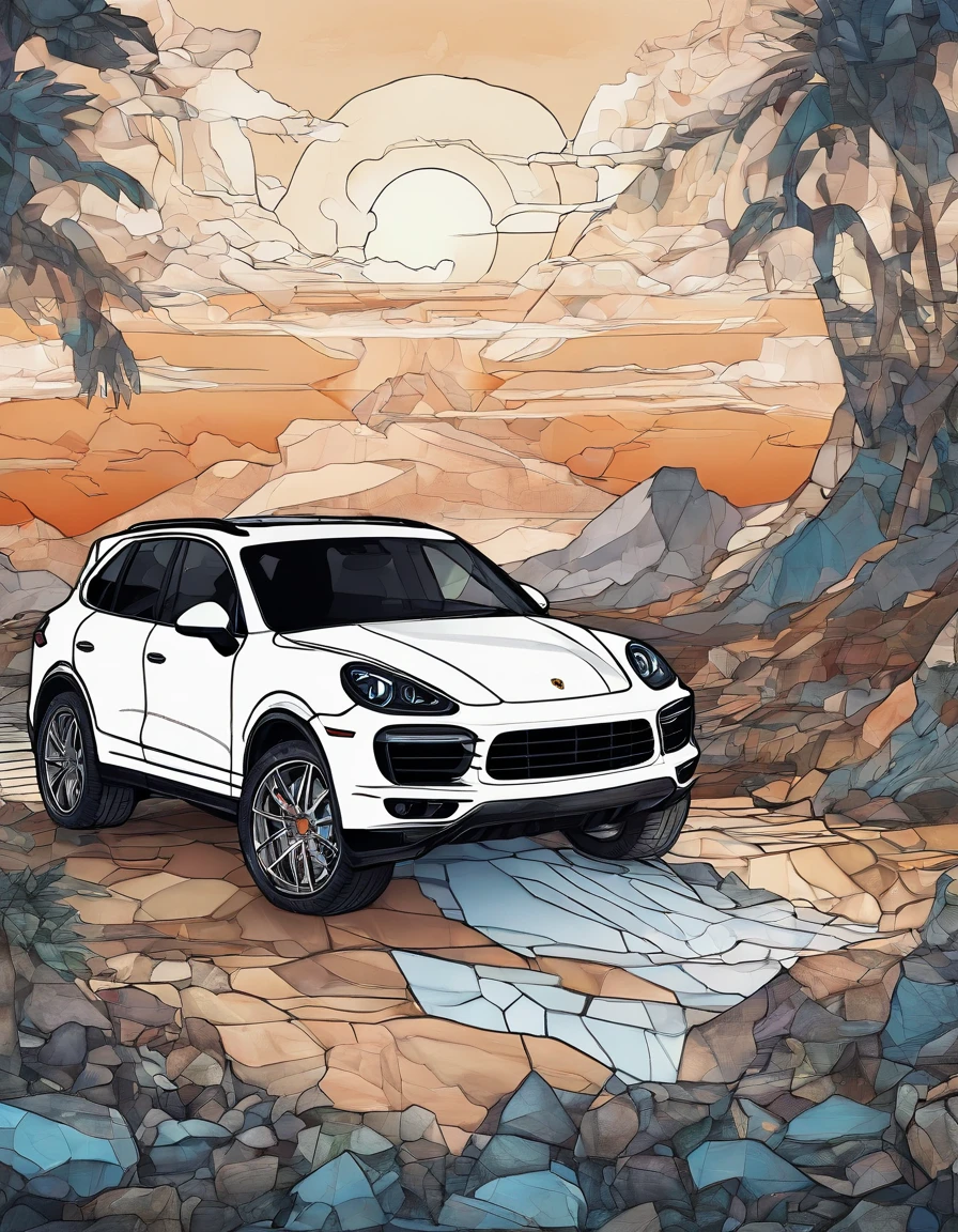 2022 (white)(Porsche Cayenne)Horror-themed highly detailed illustration of a gigantic porsche cayenne gigantic wheels, outside in rocky terrain, very rocky, flashlight beams in the background, very dark, spooky, horror, eerie, unsettling, dark, spooky, suspenseful, grim, realism, fog, (but with) detailed retro-futuristic architecture