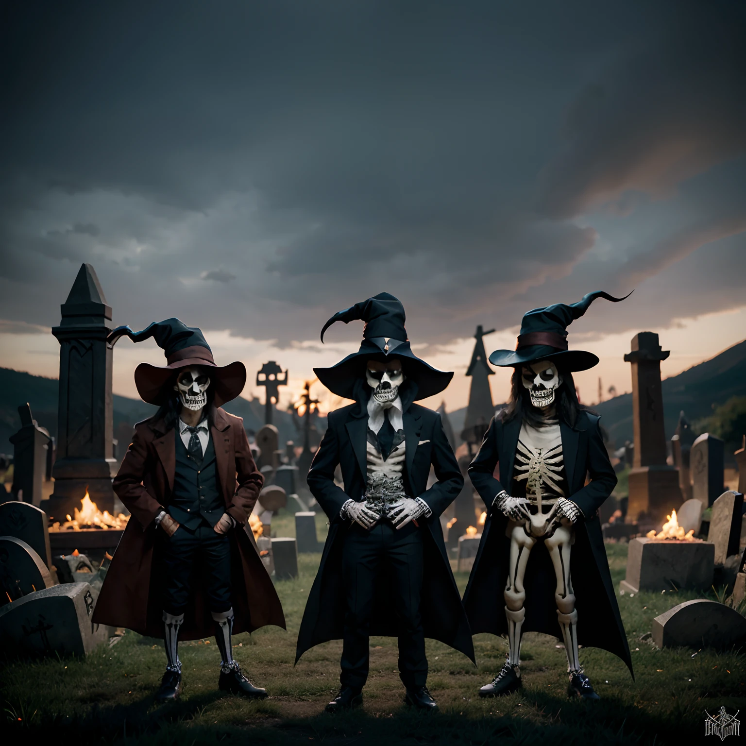 cartoon style, Multiple wizards, wizard hats, evil wizards, skeletons, graveyard, gangster wizards,