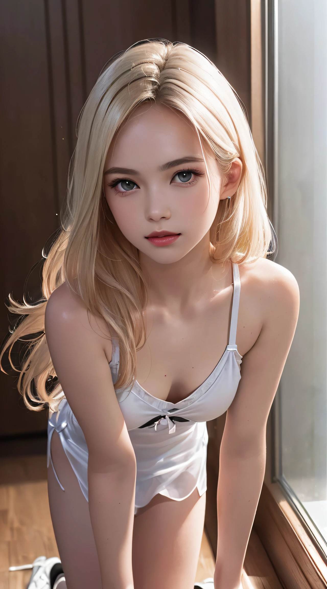 (8K, RAW Photos, of the highest quality, Masterpieces: 1.2), (Realistic, Photorealistic: 1.37), Highest Quality, Ultra High Resolution, light  leaks, Dynamic lighting, Slim and smooth skin, (Full body:1.3), (Soft Saturation: 1.6), (Fair skin: 1.2), (Glossy skin: 1.1), Oiled skin, 22 years old, Night, shiny white blonde, Well-formed, Hair fluttering in the wind, (Close-up shot of face only:1.2), Physically Based Rendering, From multiple angles, (Girl in a glass bottle:1.2), all-fours, Chest is sheer, (Smaller chest:1.2), cleavage of the breast, Lower breast, (Transparent costume:1.3), Not wearing a cloak, Beautiful eyes,Break HA,(8K, RAW Photos, of the highest quality, Masterpieces: 1.2), (Realistic, Photorealistic: 1.37), Highest Quality, Ultra High Resolution, focused eyes, light  leaks, Dynamic lighting, Slim and smooth skin, (Full body:1.3), (Soft Saturation: 1.6), (Fair skin: 1.2), (Glossy skin: 1.1), (Oiled skin:1.2), 18 years old, Night, Indoor, Strong morning light from the front, BREAK, shiny white blonde, Well-formed, Hair fluttering in the wind, (Close-up shot of face only:1.2), Physically Based Rendering, From multiple angles, (Cute:1.2), Beautiful hair blown in the wind, all-fours, Chest is sheer, Well equipped, Sheer, Transparent, Glittering Gemstones, beautiful body shape, It features a simple, BREAK, Hair volume decreases towards the ends of the hair, Beautiful skin without blemishes, (thin white small camisole,,,,,,,:1.2), Sparkly lips, The air is clear, shiny white blonde hair, Light is coming in from various directions, Hair through intense light, (Erotic:1.3), (Bare chest:1.2), (Small breasts:1.2), Under the breasts, narrowwaist, narrow shoulders, gazing at viewer, Big smile, spring, Bathing, Very small cloth