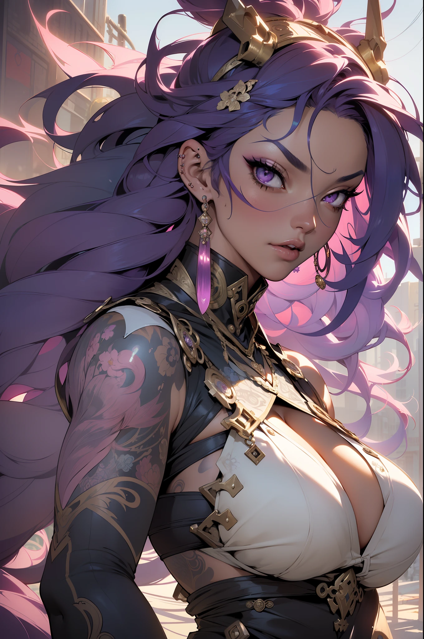 ((Best quality UHD)), ((masterpiece)), (detailed: 1.4), (Absurd), the most beautiful and sexy ninja warrior girl, long platinum purple hair blowing in the wind, dark african kinetic skin, vibrant glowing yellow eyes, hot woman, wearing highly detailed ninja battle armor with chainmail and scarf blowing in the wind, sculptural body (((huge enormously gigantic tits, cleavage showing)), tons of tattoos and piercings(((unkempt hair)), very long finely detailed eyelashes, by mucha, niji --V5, close to real, sexy dynamic pose, pastel, centered, scale to fit the dimensions, post apocalyptic Japan, cherry blossoms blowing in the wind, highy detailed background, perfect masterpiece, best quality, best resolution