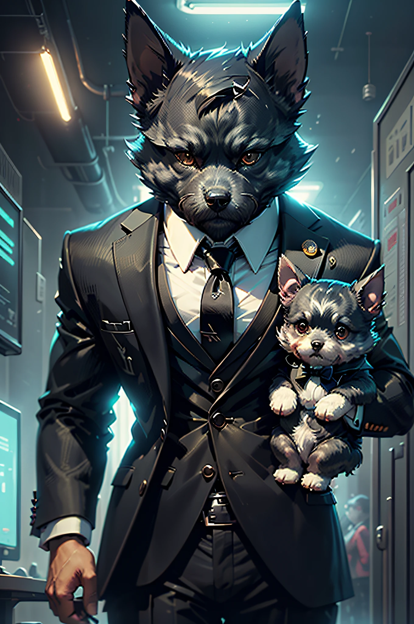 (Man in black suit and tie)comic strip、Anthropomorphic miniature schnauzer dog、cyberpunked