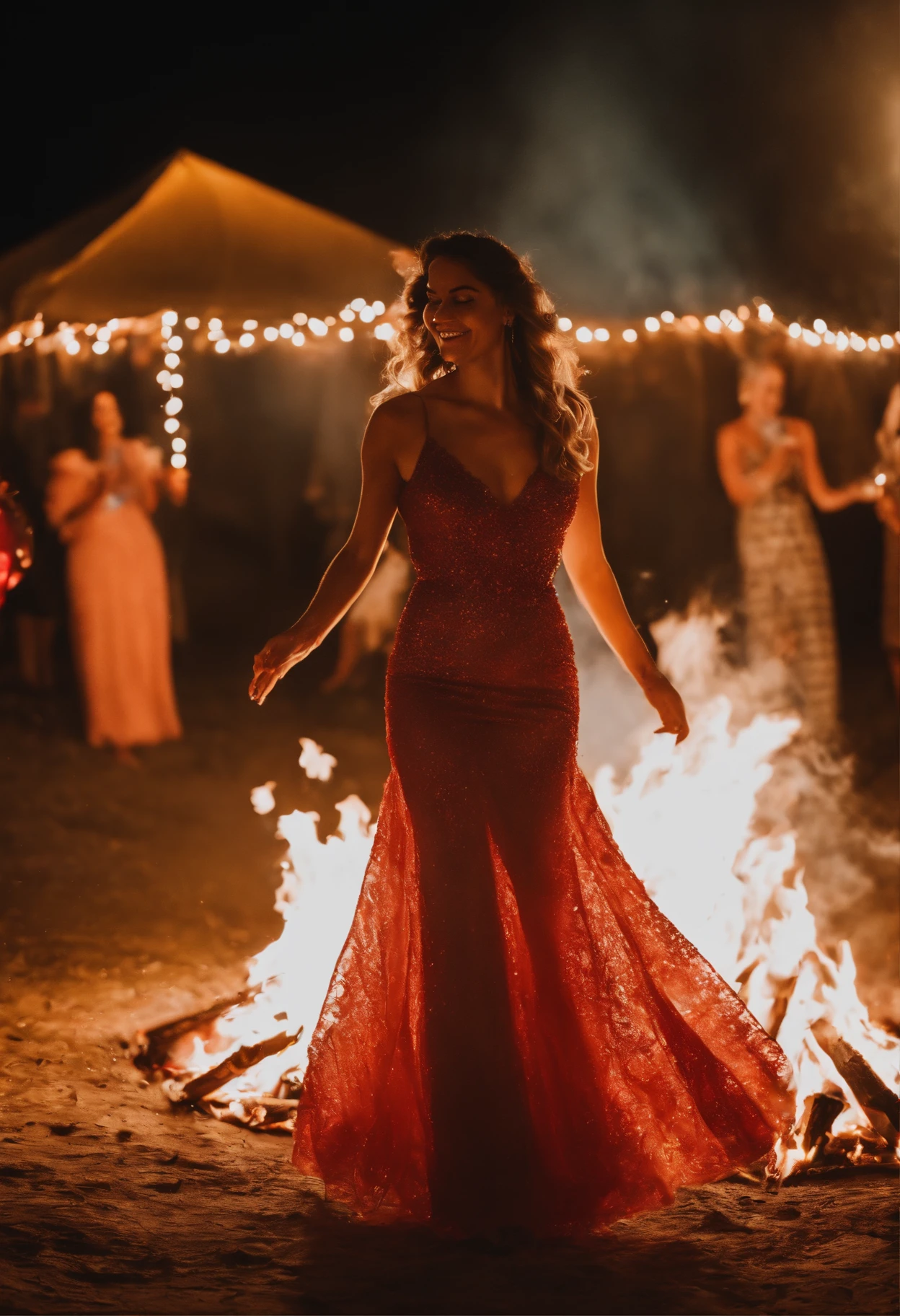 Uma linda cigana, de cabelos escuros, longos e ondulados, Dancing around a bonfire in a party setting decorated with colorful ribbons. Usa um vestido longo e muito rodado, nas cores vermelho e preto muitas joias de ouro