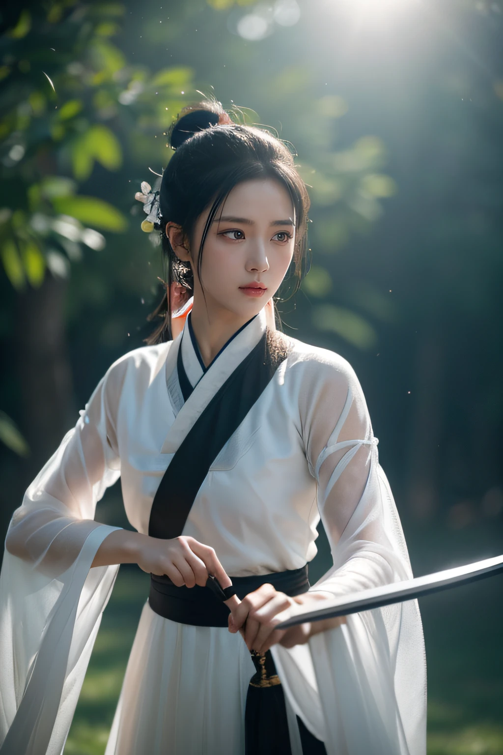 Men's and women's tulle Hanfu, The woman holds a sword against the man, Black hair, Short ponytail hair, Onyx-colored eyeballs, texture detail, Glowing skin, Sun, Spinning the feather sword, Motion blur background, Backlight, 8K, Super detail, Masterpiece, Best quality