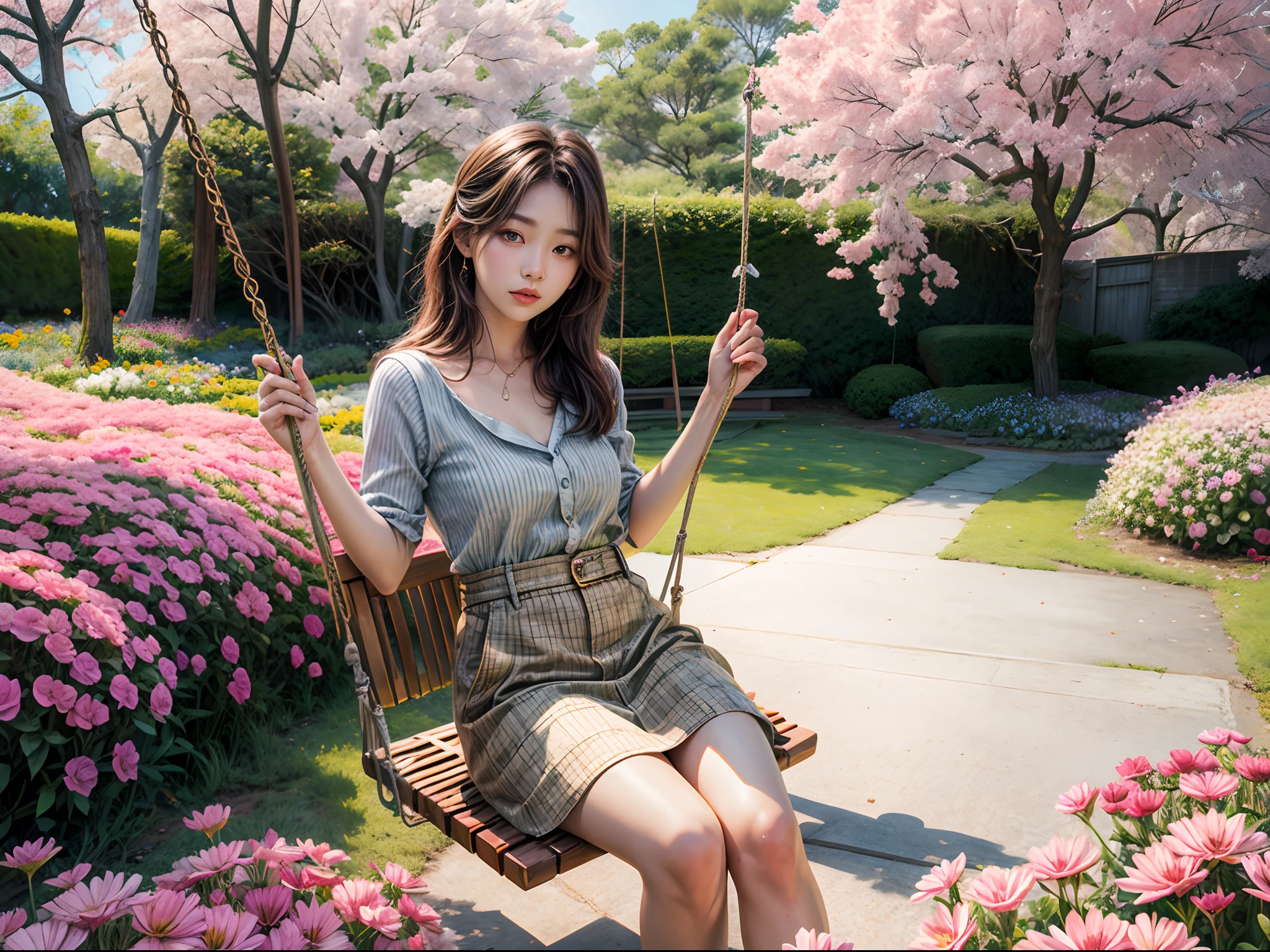 Beautiful girl sitting on swing in a flower field, Infrared photography, Graphic design, poster for, fine art, vivd colour, 1.4x realism,hyper HD,Textured skin,(anatomy correct,Accurate and perfect Korean female face,Golden ratio)