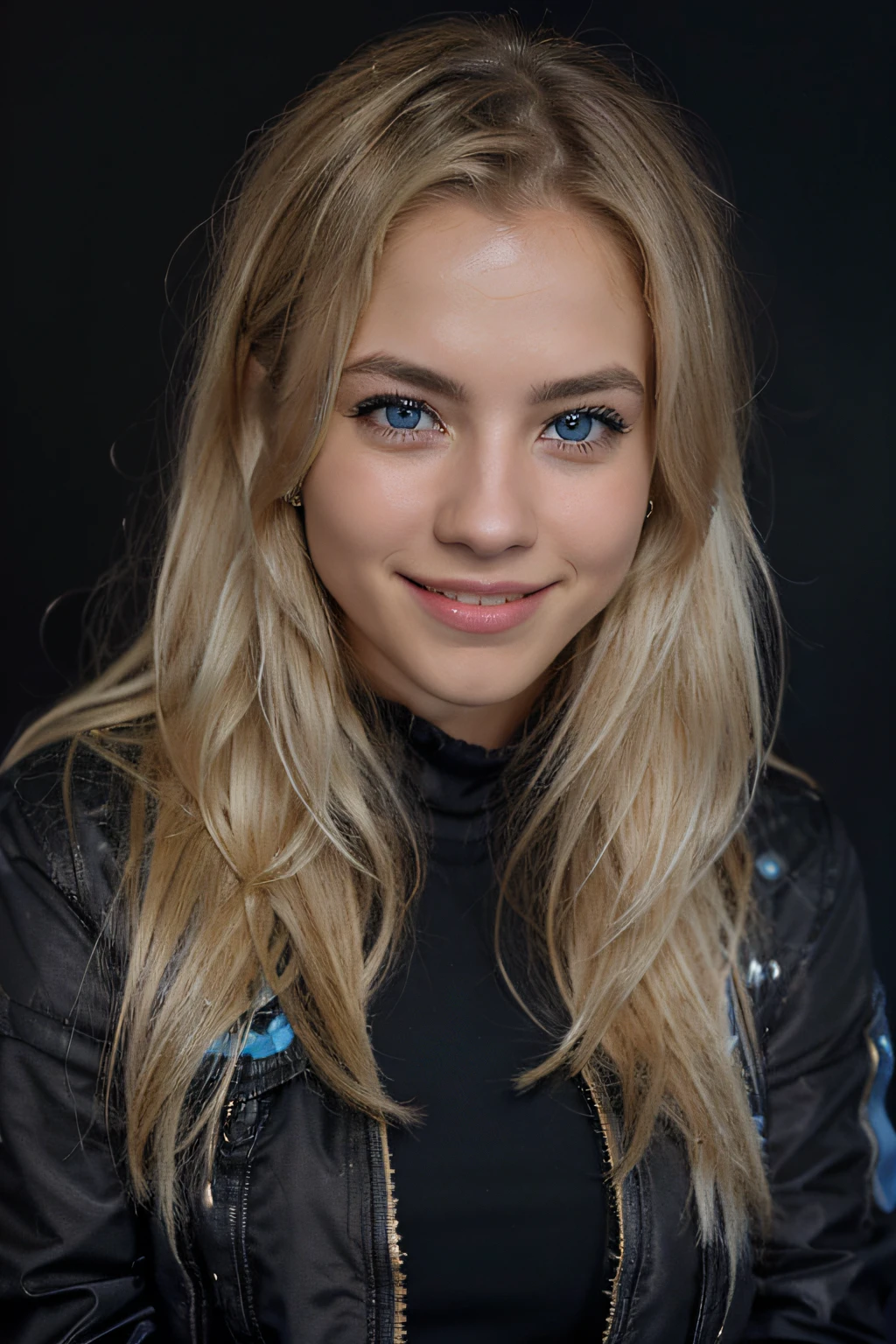 ((Cristia AOT, 1girl in, Solo, Krista Lenz, Smile, hair between eye, Blue eyes, Blonde hair, Jacket, Medium Hair, black backgrounds、