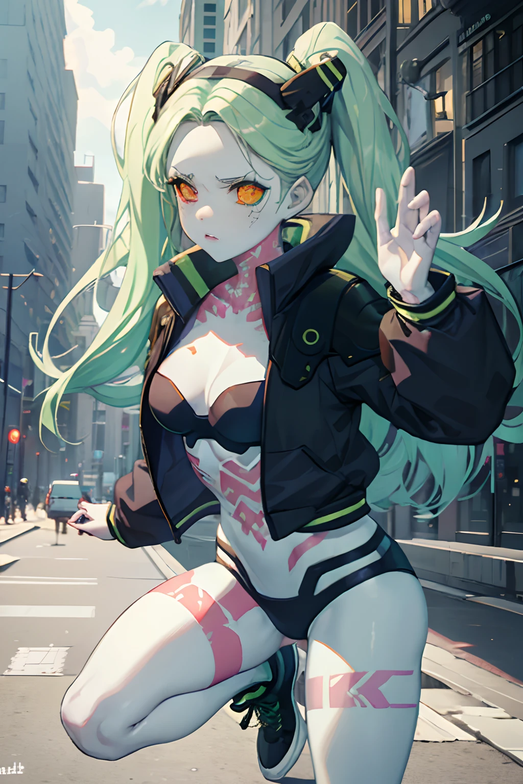 Rebecca, 1girl, green hair, white skin, twintails, colored sclera, red sclera, bra, panties, black jacket, artificial eye, black sneakers, perfect anatomy, solo, zombie, multiple boys, crowd, glowing eyes, undead, horror \(theme\), masterpiece, best quality, highly detailed, upper body