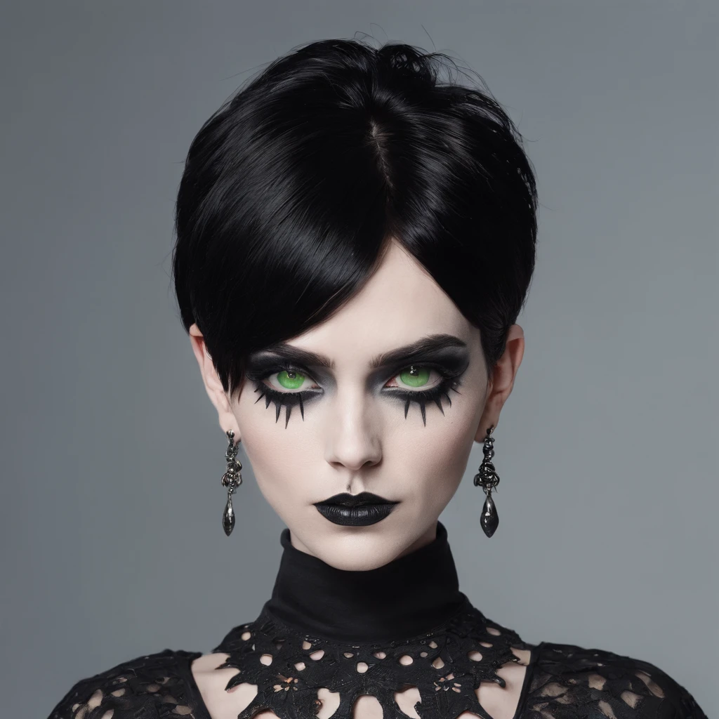 Girl with gothic makeup and skull earrings with short black hair every pale with green eyes