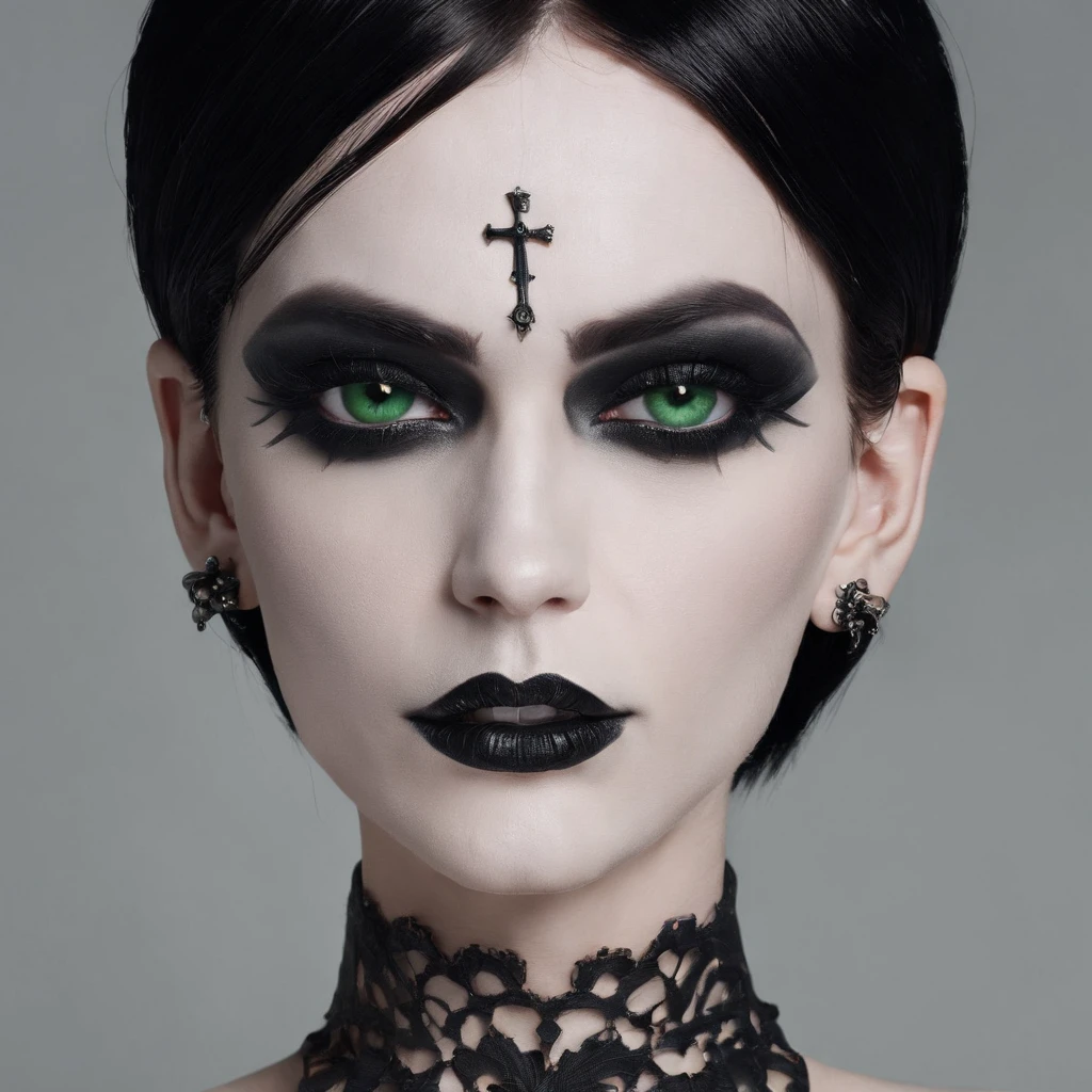 Girl with gothic makeup and skull earrings with short black hair every pale with green eyes