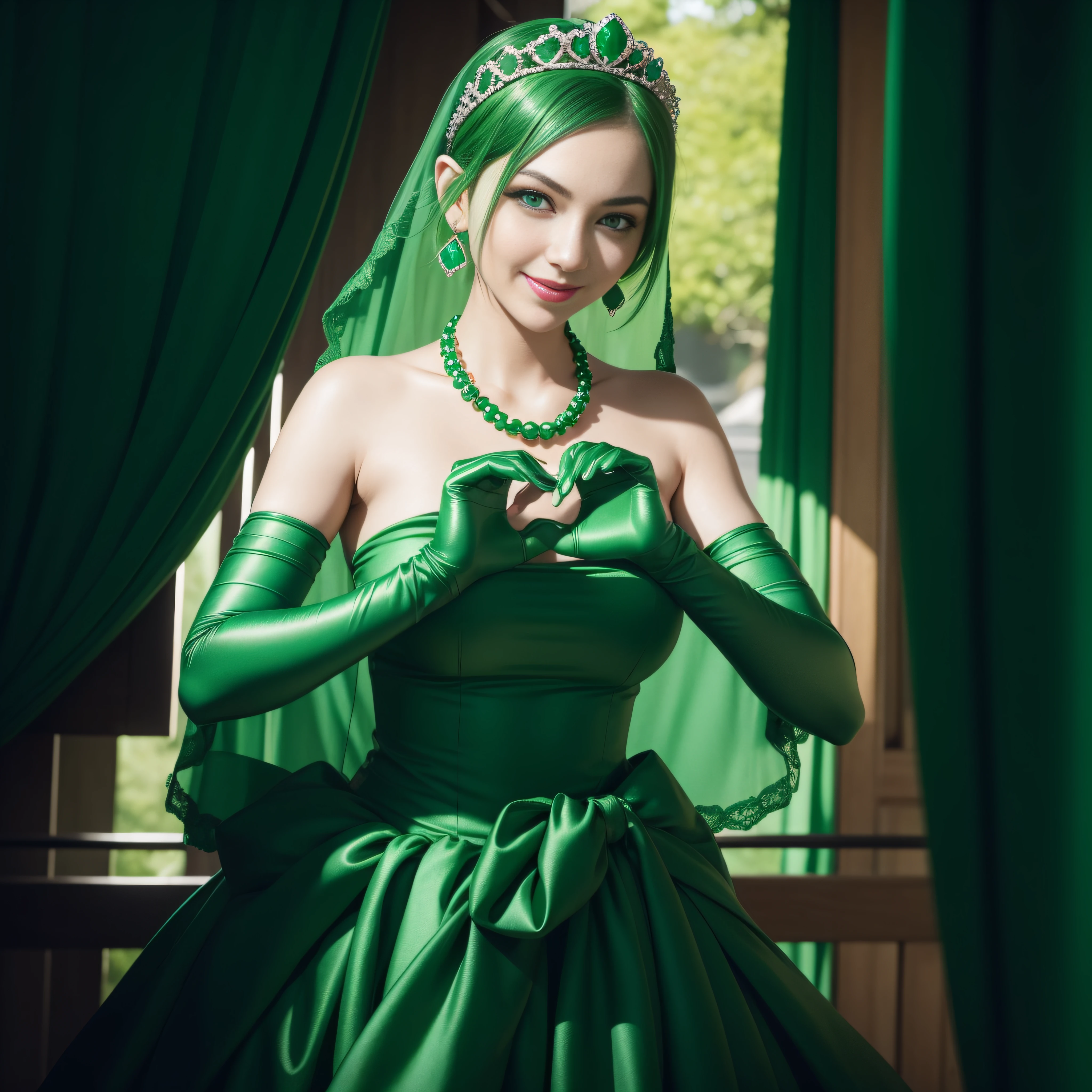 emerald tiara, Green Pearl Necklace, Boyish very short green hair, lipsticks, Japan woman smiling, very short short hair, big breasts beautiful, Green eyes, Long green gloves made of satin material, Green eyes, Emerald Earrings, green vale, Heart with both hands