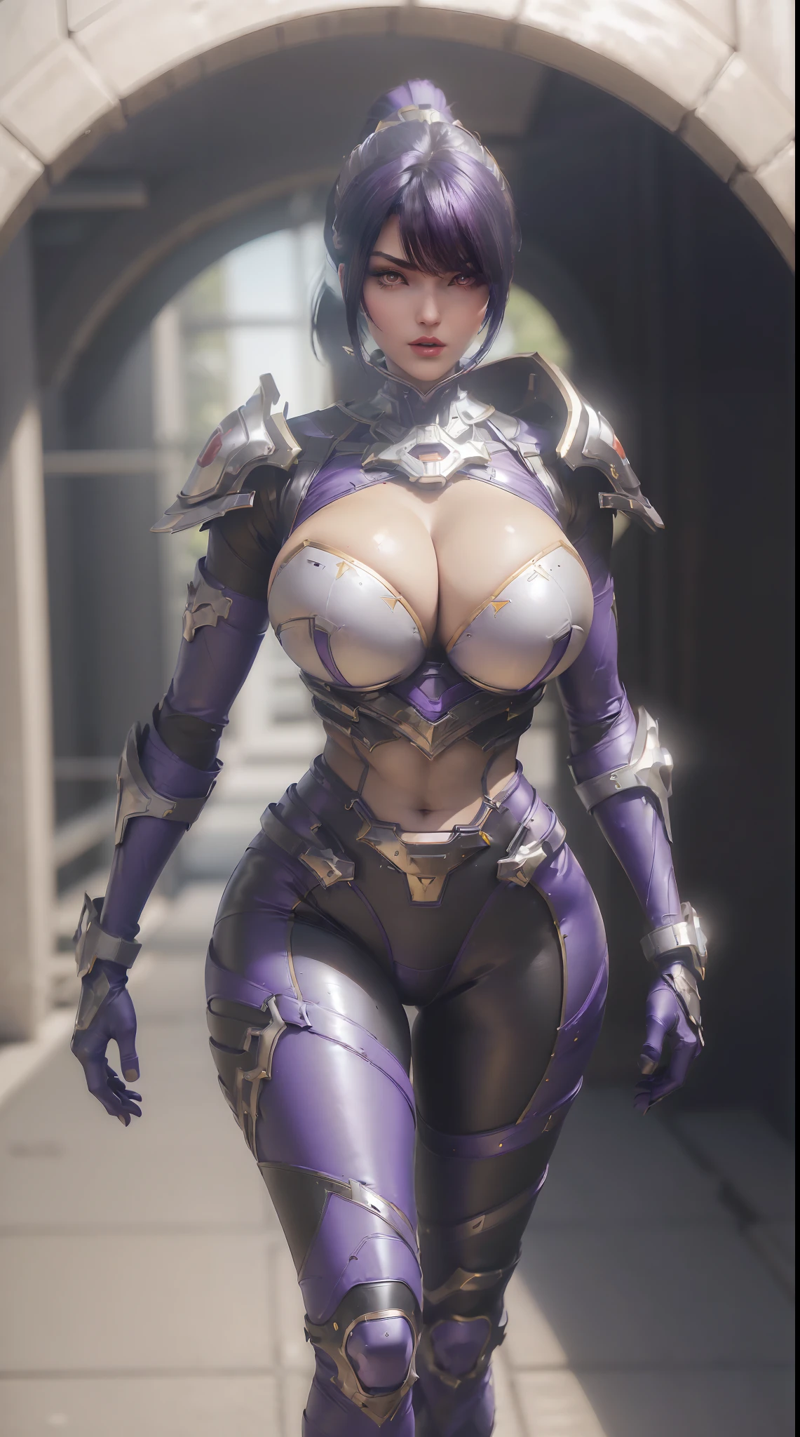 (1GIRL,SOLO:2), (super detailed face), ((BIG BUTTOCKS, HUGE FAKE BREASTS:1.5)), (CLEAVAGE TOP:1.5), (11 LINE ABS FEMALE:1.4), (MECHA GUARD ARM:1.4), ((WEAR PURPLE MECHA OVERWATCH ARMOR SUIT CROP TOP, BLACK MECHA SKINTIGHT SUIT PANTS, MECHA GUARD ARMOR LEGS, HIGH HEELS:1.5)), (LEWD VOLUPTUOUS BODY:1.3), (GLOWING SKIN:0.8), (LONG LEGS, FULL BODY:1.1), (LOOKING AT VIEWER:1.3), (female focus:0.886), (WALKING DOWN HALLWAY OF FUTURISTIC SPACE STATION:1), (BRIGHT LIGHT WHITEROOM:1.3), SUPER TEXTURE, UNREAL ENGINE RENDER, PHYSICALLY-BASED RENDERING, ULTRA HIGHT DEFINITION, 16K, 1080P.