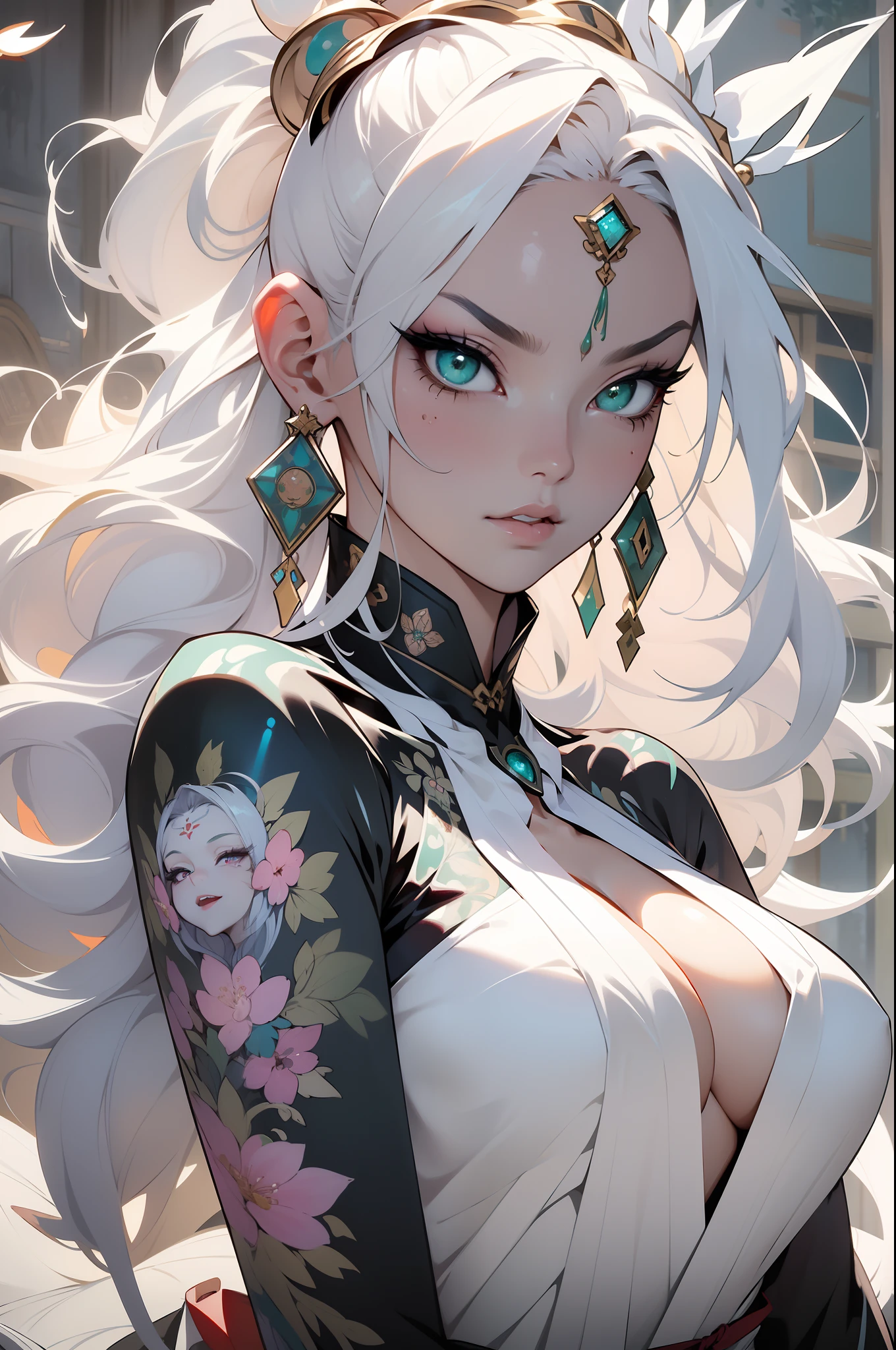 ((Best quality UHD)), ((masterpiece)), (detailed: 1.4), (Absurd), the most beautiful and sexy kabuki warrior girl, finely detailed kabuki make-up, long platinum white hair blowing in the wind, pale white kinetic skin, vibrant glowing green eyes, hot woman, wearing the most beautiful highly detailed kimono battle armor and ribbon blowing in the wind, sculptural body (((huge enormously gigantic breasts, cleavage showing)), tons of tattoos and piercings(((unkempt hair)), very long finely detailed eyelashes, by mucha, niji --V5, close to real, sexy dynamic pose, pastel, centered, scale to fit the dimensions, post apocalyptic feudal Japan, cherry blossoms blowing in the wind, highy detailed background, perfect masterpiece, best quality, best resolution