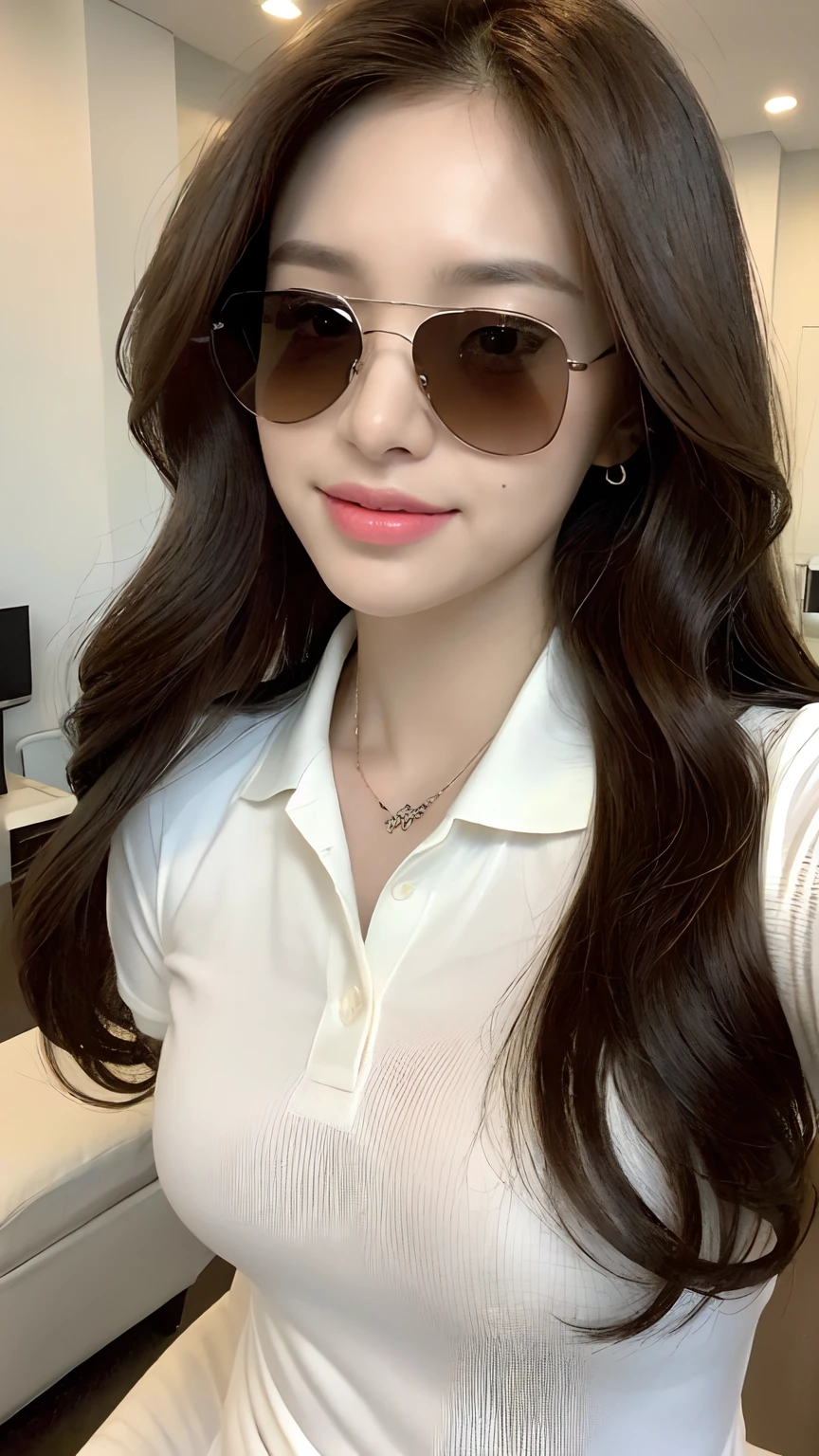 ((best qualtiy, 8K, tmasterpiece:1.3)), Focus:1.2, perfect figure beautiful woman:1.4, Cocked buttocks:1.2, ((Random Long Hairstyle) ((Brown Wavy Hair))(Long white legs:1.3) ,(Aviator sunglasses:1.2),(Polo shirt:1.2) , (inside in room: 1.2), Highly detailed facial and skin texture, A detailed eye, 二重まぶた,Whiten skin,(Straight big breasts:1.3),ssmile,Wear a necklace,