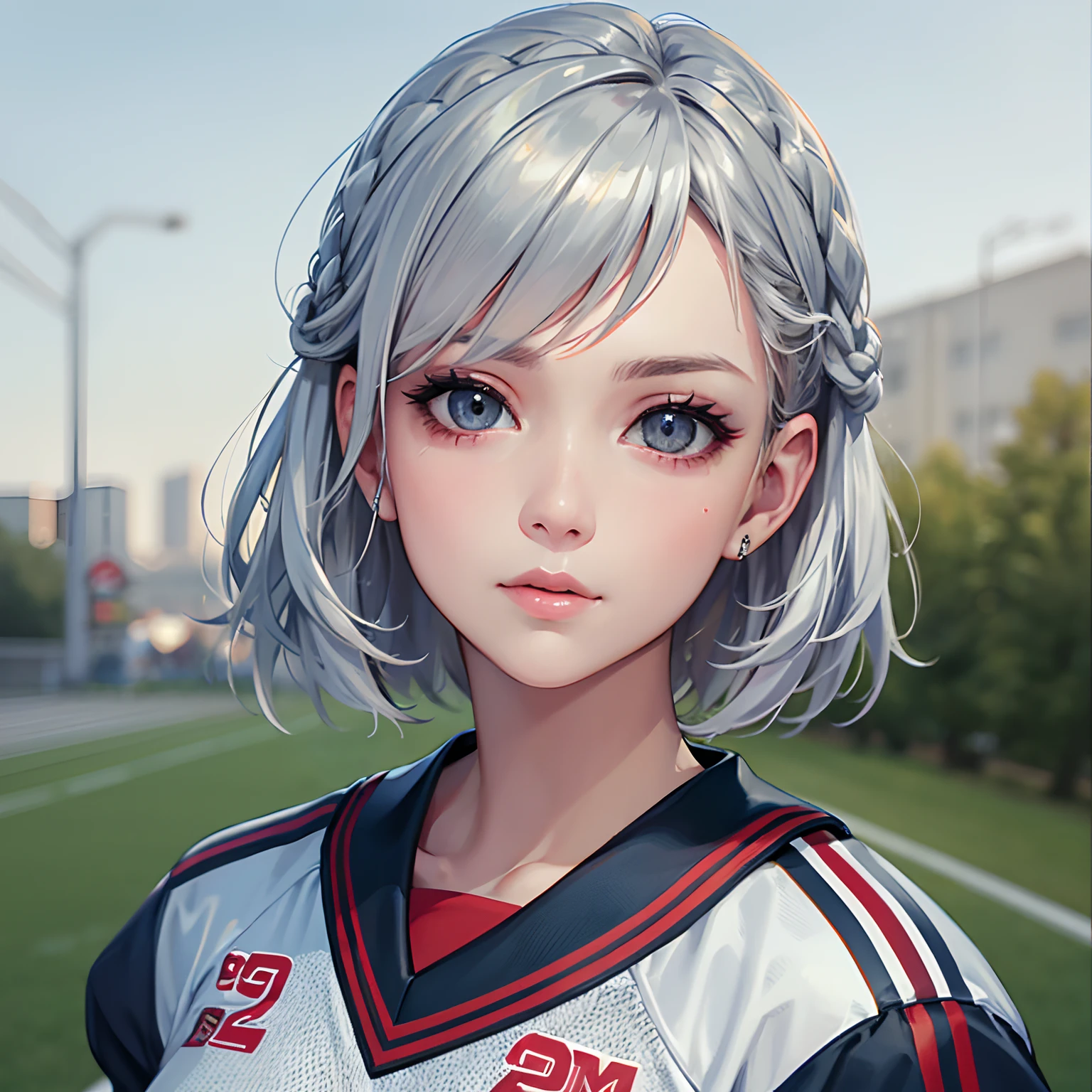 masterpiece、High-quality images、top-quality、hight resolution、8K、1womanl、the detail、Photorealsitic、skin gloss、Lustrous hair、short silver hair、Braided hair、Detailed eye depiction、American Football Uniforms、boyish