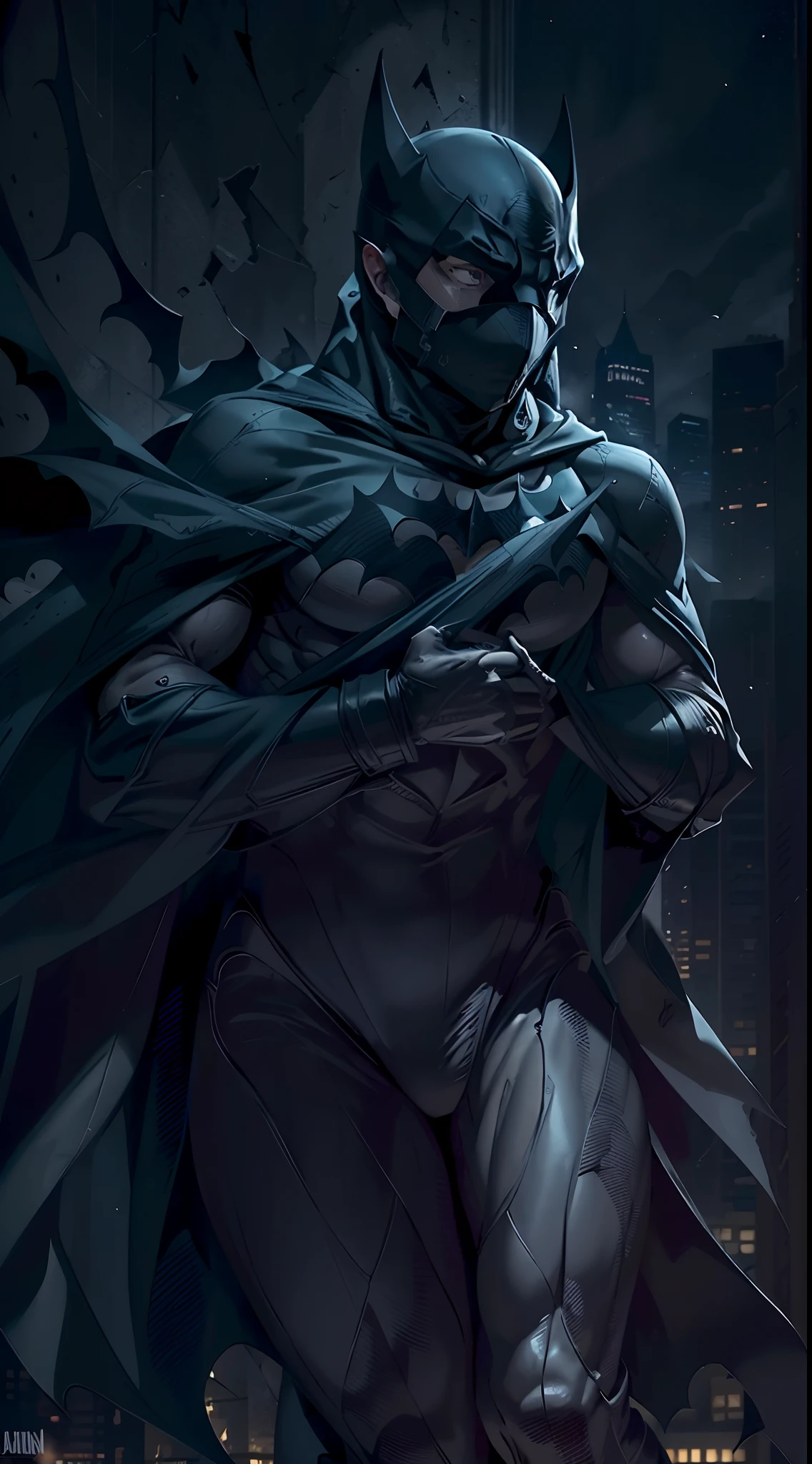 Batman stands tall in the center of the wallpaper, his iconic silhouette casting a dark and mysterious presence. The wallpaper itself is a rich, deep shade of midnight blue, adorned with intricate patterns reminiscent of Gotham City's gothic architecture.,(dark photo:1.4), dark night:1.4
As the main focus of the design, Batman's figure is meticulously detailed. His muscular physique is emphasized, with every contour and sinew of his body expertly crafted. The texture of his suit is depicted with precision, showcasing the sleekness of the black material and the subtle sheen it holds.
His cape cascades behind him, billowing with an ethereal grace. The fabric appears to defy gravity, as if it possesses a life of its own, adding a dynamic element to the scene. The cape's deep, flowing folds are so intricately depicted that it almost seems as if it could move with the slightest gust of wind.
Batman's cowl, with its pointed ears, is faithfully rendered, giving him an air of vigilance and determination. His piercing white eyes shine through the darkness, conveying a sense of unwavering focus and intensity.
In the background of the wallpaper, subtle details emerge. Shadows dance across the cityscape, hinting at the lurking dangers that Batman must face. The towering buildings of Gotham City loom in the distance, their intricate architectural features adding depth and dimension to the scene.
The wallpaper captures the essence of Batman's world, blending darkness and mystery with the strength and determination of the Caped Crusader. It invites the viewer to immerse themselves in the enigmatic aura of Gotham City, where Batman stands as a symbol of justice and unwavering resolve.((face covered with big mask:1.4))
