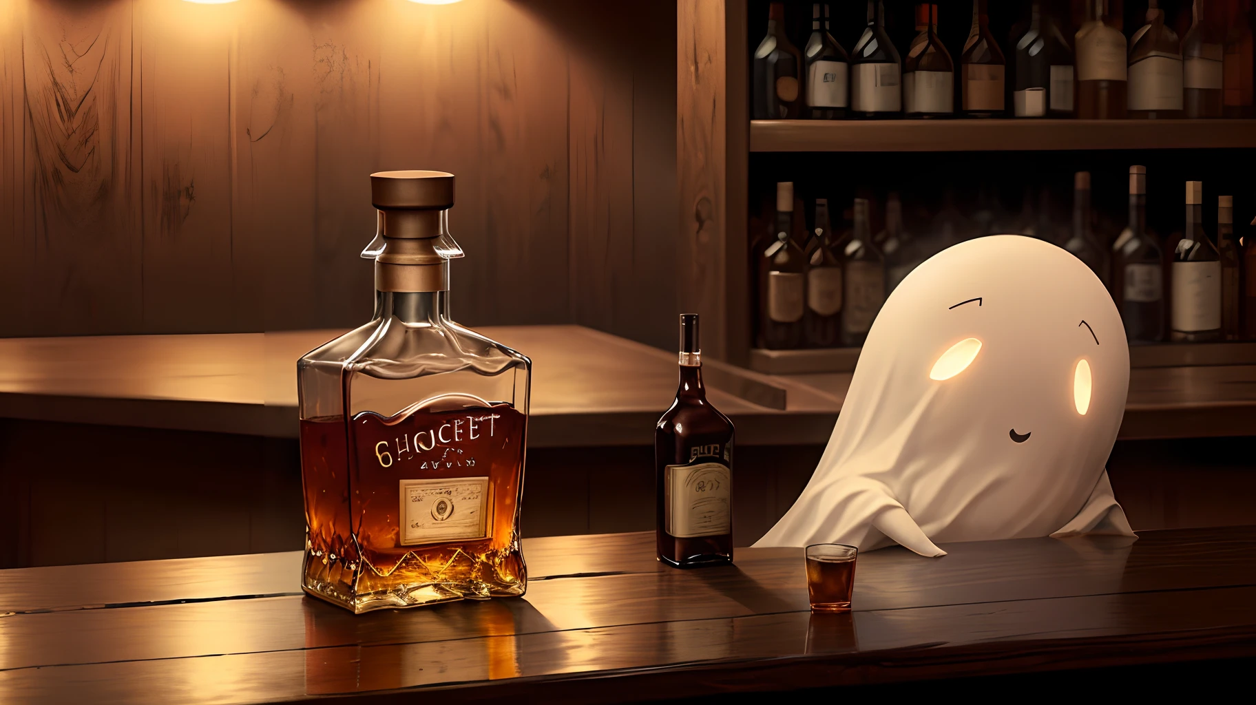 Lonely ghost with a bottle of whiskey at a bar.