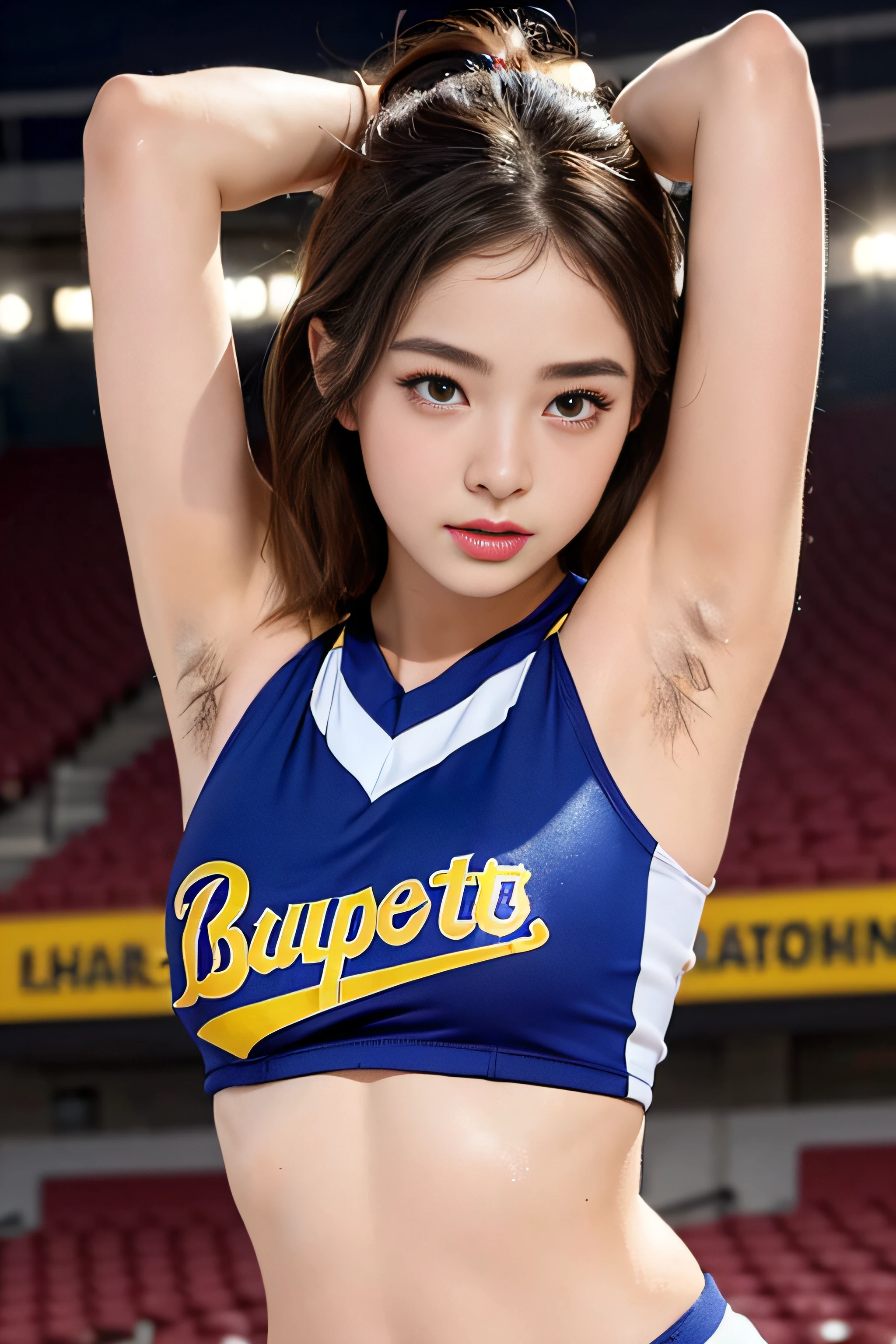 1womanl、(Super beautiful)、(beauitful face:1.5)、22year old、Professional Baseball Team Cheerleading、hairarmpits、(Armpit hair:1.4)、(sleeveless clothes)、(You can see the shape of the nipple:1.1)、makeup、(wetted skin)、 Brown hair、(Cheering seats in a fully booked stadium)、At SFW