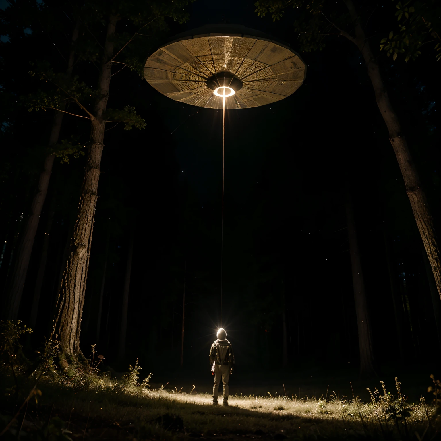 UFO, alien, in woods at night with deer.