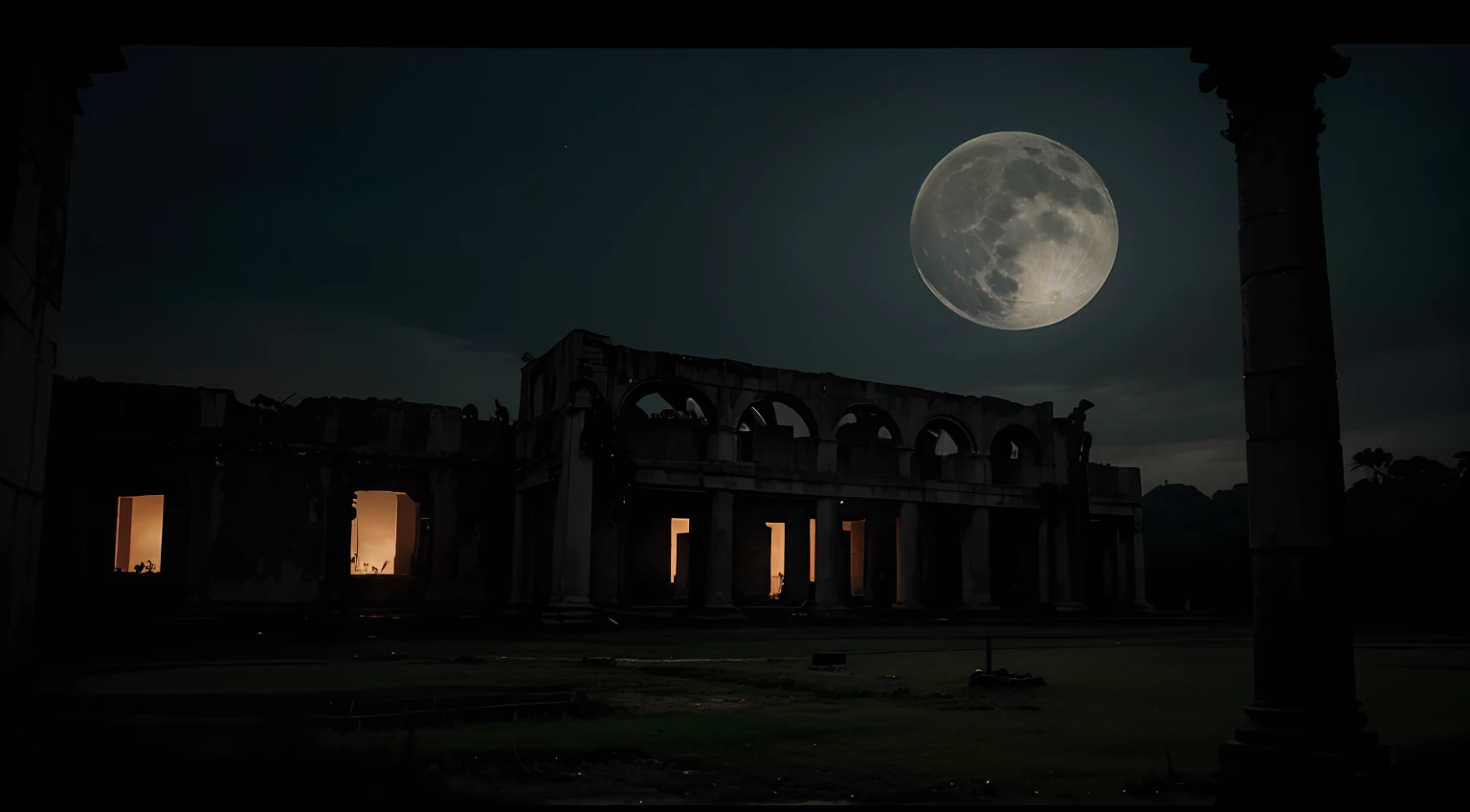 There's a picture of a spooky city with a full moon, ainda de filme de terror animado, atmosfera assustadora e assustadora, arte de fundo, ambiente de horror, fundo assombrado, fundo assustador, Vale do fundo maldito, atmosfera assustadora, Deep sense of horror atmosphere, atmosfera estranha e assustadora, cena de filme animado, Ruins in the background, horrible background