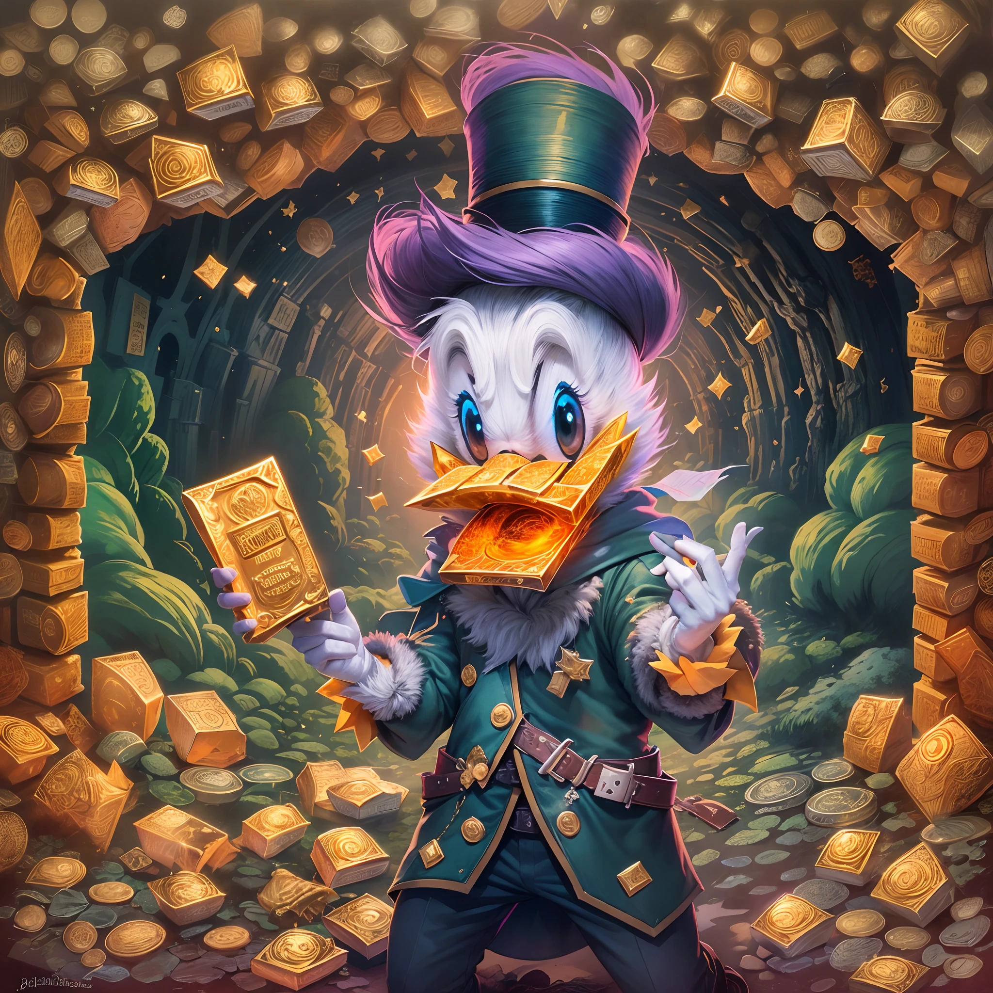 Por favor, Create a painting of Scrooge McDuck proudly holding gold bars in his hands inside a cave filled with gold nuggets, diamantes e pratas brilhantes. In this particular art style, The setting is inspired by the atmosphere of a rich world . The illumination represents the sunset, With shades of orange and purple painting the sky. O Tio patinhas, Expresses your characteristic personality with joy and pride. Ademais, na cena, inclua a silhueta de um cofre imenso e ele nadando na riqueza, providing a sense of celebration and excitement."