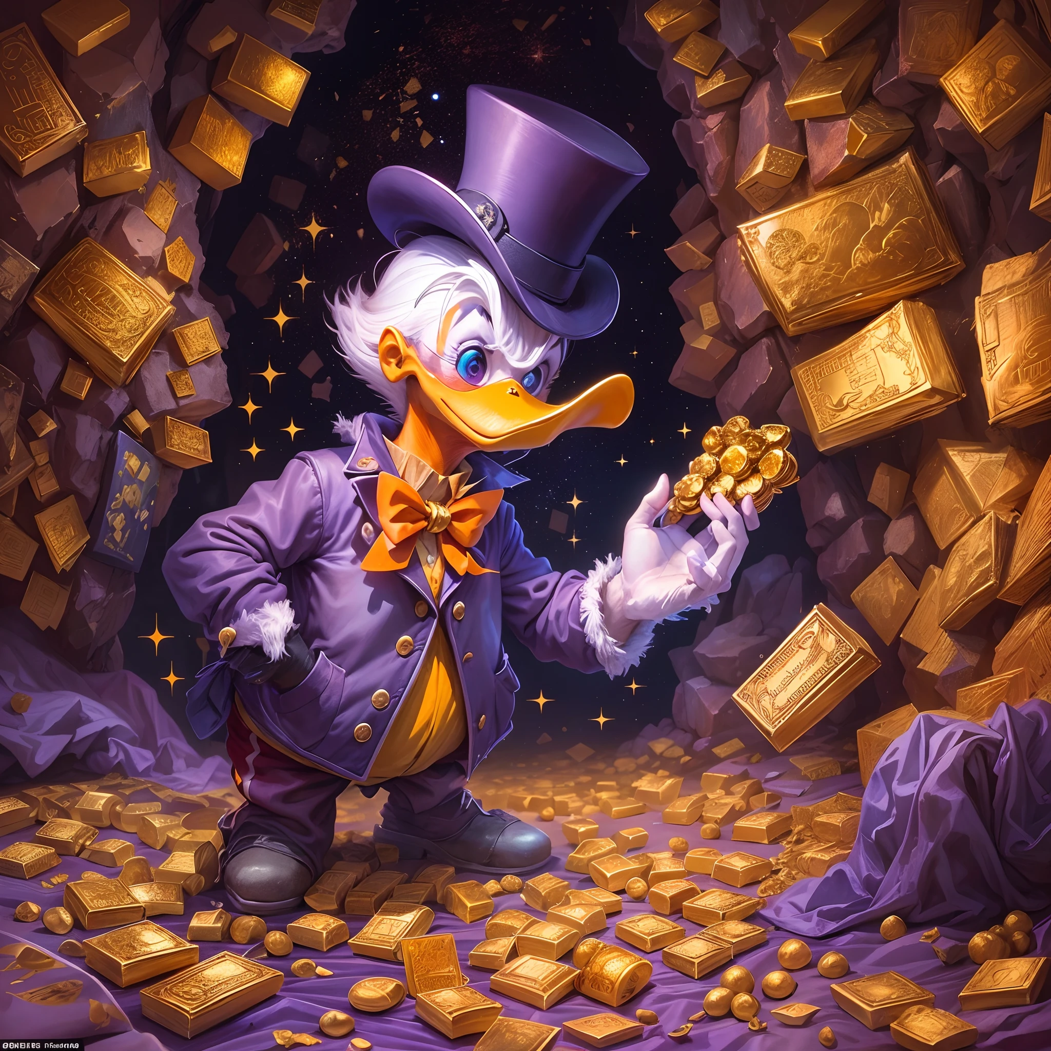 Por favor, Create a painting of Scrooge McDuck proudly holding gold bars in his hands inside a cave filled with gold nuggets, diamantes e pratas brilhantes. In this particular art style, The setting is inspired by the atmosphere of a rich world . The illumination represents the sunset, With shades of orange and purple painting the sky. O Tio patinhas, Expresses your characteristic personality with joy and pride. Ademais, na cena, inclua a silhueta de um cofre imenso e ele nadando na riqueza, providing a sense of celebration and excitement."