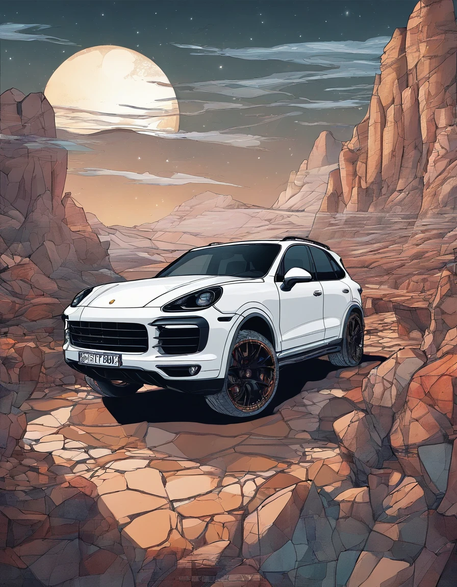 2022 (white)(Porsche Cayenne)Horror-themed highly detailed illustration of a gigantic porsche cayenne gigantic wheels, outside in rocky terrain, very rocky, flashlight beams in the background, very dark, spooky, horror, eerie, unsettling, dark, spooky, suspenseful, grim, realism, fog, (but with) detailed retro-futuristic architecture