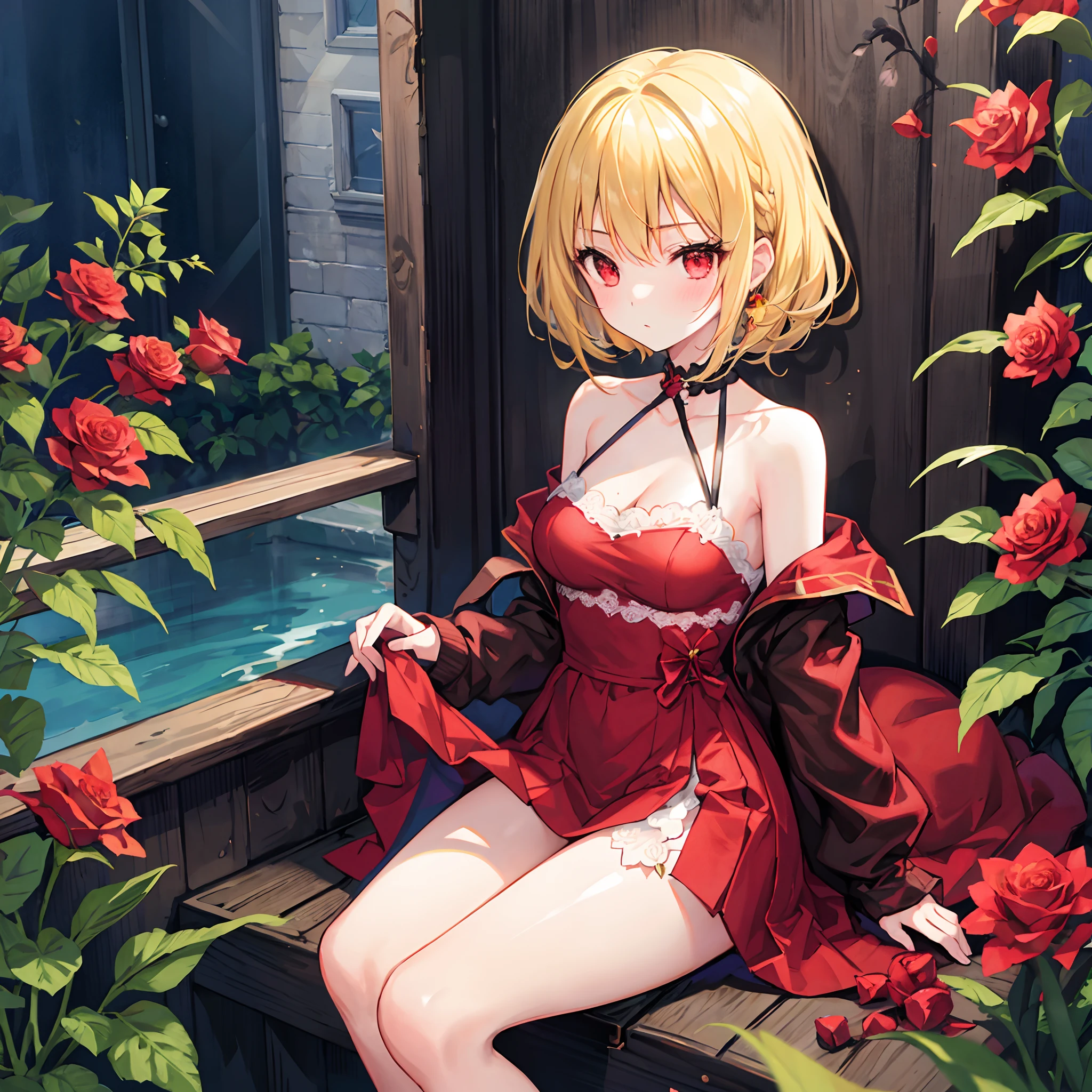 One girl with blonde hair and red eyes、Sitting surrounded by roses、sexy dress、