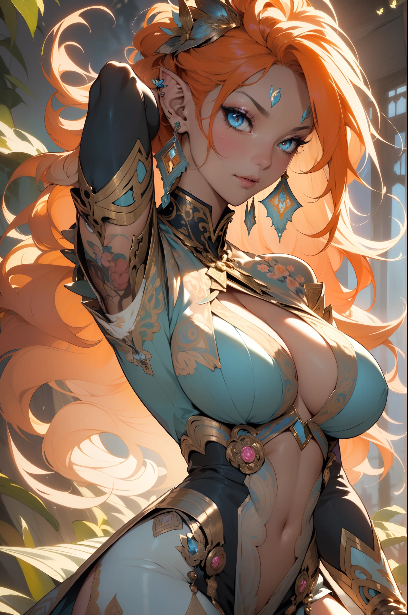 ((Best quality UHD)), ((masterpiece)), (detailed: 1.4), (Absurd), the most beautiful and sexy elf warrior princess, long platinum orange hair blowing in the wind, dark african kinetic skin, vibrant glowing blue eyes, hot woman, wearing highly detailed battle armor, beautiful colorful fairy wings, sculptural body (((huge enormously gigantic tits, cleavage showing)), tons of tattoos and piercings(((unkempt hair)), very long finely detailed eyelashes, by mucha, niji --V5, close to real, sexy dynamic pose, arms behind head, pastel, centered, scale to fit the dimensions, flower pedals and butterflies blowing in the wind, highy detailed background, perfect masterpiece, best quality, best resolution