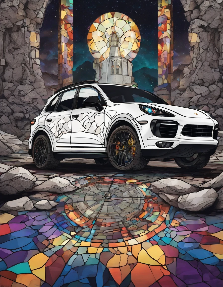 2022 (white)(Porsche Cayenne)Horror-themed highly detailed illustration, gigantic wheels, outside in rocky terrain, very rocky, flashlight beams in the background, very dark, spooky, horror, eerie, unsettling, dark, spooky, suspenseful, grim, realism, fog, (but with) detailed retro-futuristic architecture