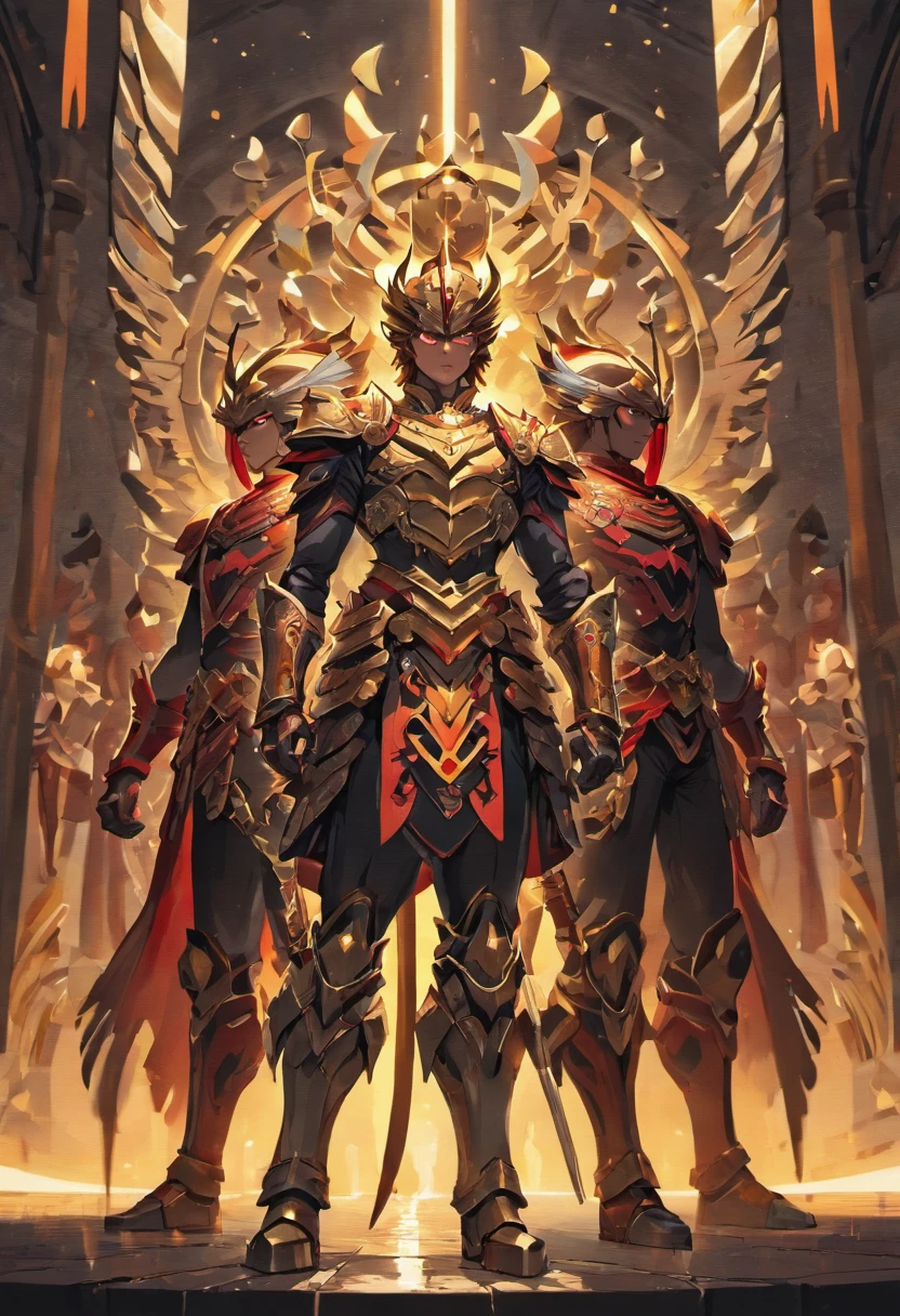 of the warrior brothers. The text is rendered in a metallic material, giving it a shiny and reflective appearance. The background is filled with a deep black color, accentuated by vibrant red highlights that outline the shapes of the interconnected warriors.
The warriors themselves are depicted in a powerful and dynamic pose, showcasing their muscular bodies and fierce expressions. They are wearing intricately detailed armor, adorned with intricate patterns and engravings. The armor is made of a combination of polished metal and ornate leather, giving it a blend of strength and elegance.
The scene is illuminated by a dramatic spotlight, casting strong shadows and highlighting the contours of the warriors' bodies. The light source is positioned to enhance the overall sense of depth and drama in the composition.
In terms of image quality, the prompt should include "(best quality,4k,8k,highres,masterpiece:1.2),ultra-detailed,(realistic,photorealistic,photo-realistic:1.37)" to ensure the generation of a high-resolution and realistic image. Additionally, the prompt can include tags such as HDR, UHD, studio lighting, ultra-fine painting, sharp focus, physically-based rendering, extreme detail description, professional, vivid colors, and bokeh to further enhance the overall quality and aesthetic of the generated image.
For the artistic style, the prompt can include "stylized, high-contrast, dynamic, illustrative" to capture the visual characteristics of the interconnected warrior brothers. The color tone can be described as "bold and vibrant, with a focus on black and red hues" to maintain the strong contrast and impactful presence of the composition.
Overall, the prompt should encapsulate the powerful and united spirit of the warrior brothers, while also highlighting the intricate details of their armor and the dynamic nature of their pose. The combination of metallic materials, bold colors, and dramatic lighting will contribute to the creation of a visually striking