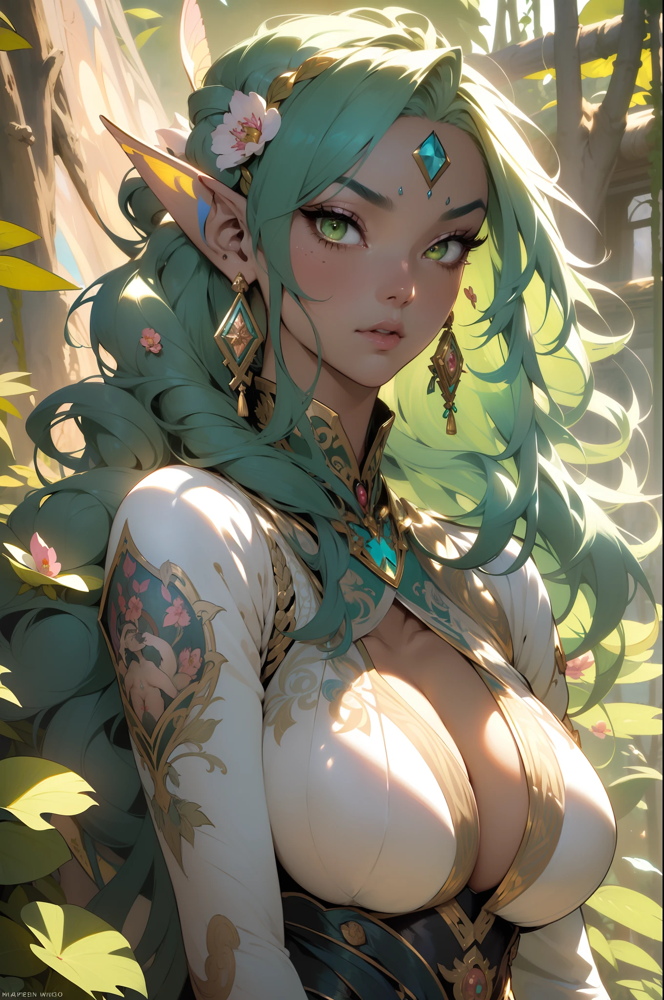 ((Best quality UHD)), ((masterpiece)), (detailed: 1.4), (Absurd), the most beautiful and sexy elf warrior princess, long platinum green hair blowing in the wind, dark african kinetic skin, vibrant glowing yellow eyes, hot woman, wearing highly detailed battle armor, beautiful colorful fairy wings, sculptural body (((huge enormously gigantic tits, cleavage showing)), tons of tattoos and piercings(((unkempt hair)), very long finely detailed eyelashes, by mucha, niji --V5, close to real, sexy dynamic pose, arms behind head, pastel, centered, scale to fit the dimensions, flower pedals and butterflies blowing in the wind, highy detailed background, perfect masterpiece, best quality, best resolution