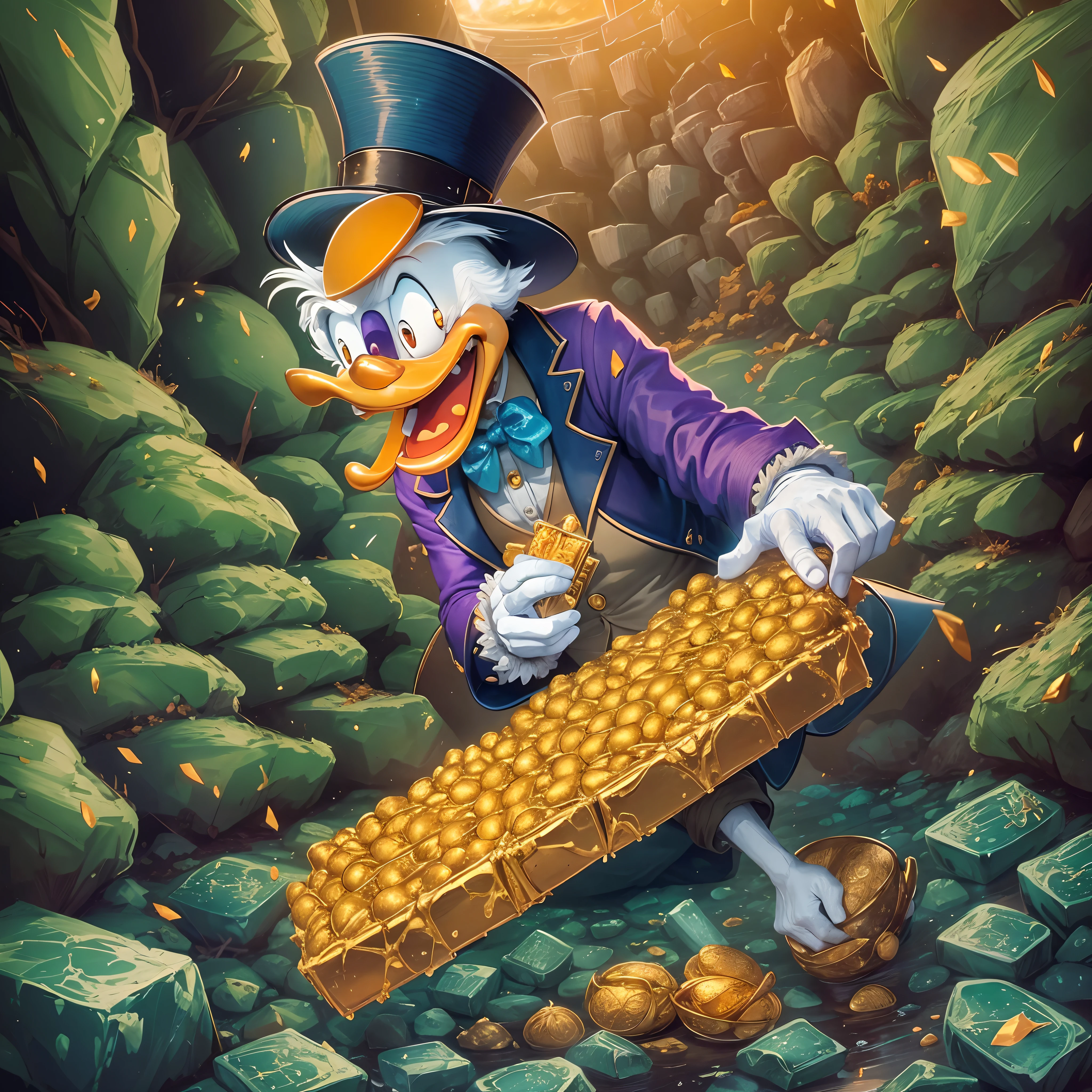 Por favor, Create a painting of Scrooge McDuck proudly holding gold bars in his hands inside a cave filled with gold nuggets, diamantes e pratas brilhantes. In this particular art style, The setting is inspired by the atmosphere of a rich world . The illumination represents the sunset, With shades of orange and purple painting the sky. O Tio patinhas, Expresses your characteristic personality with joy and pride. Ademais, na cena, inclua a silhueta de um cofre imenso e ele nadando na riqueza, providing a sense of celebration and excitement."