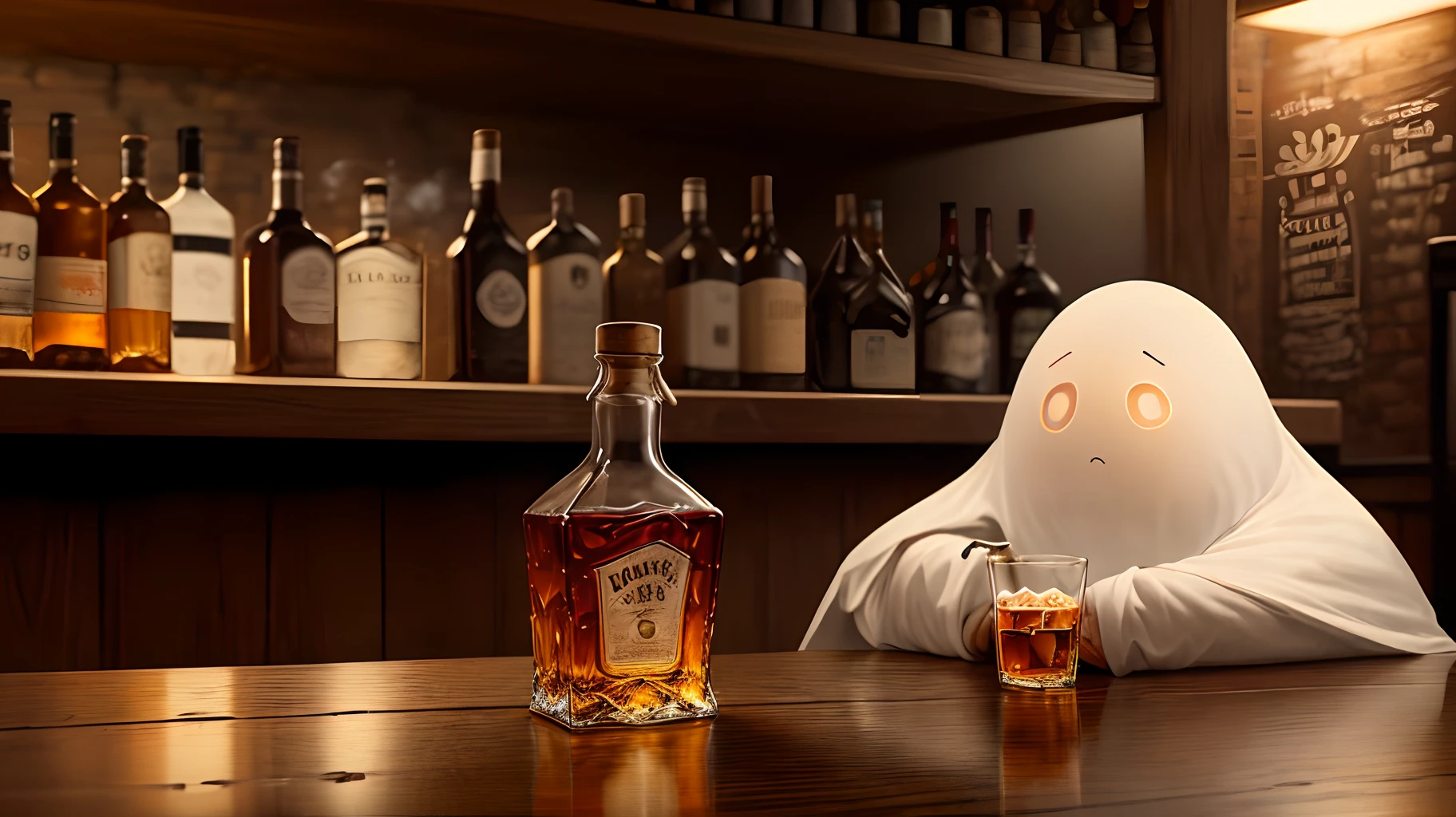 Lonely ghost with a bottle of whiskey at a bar.