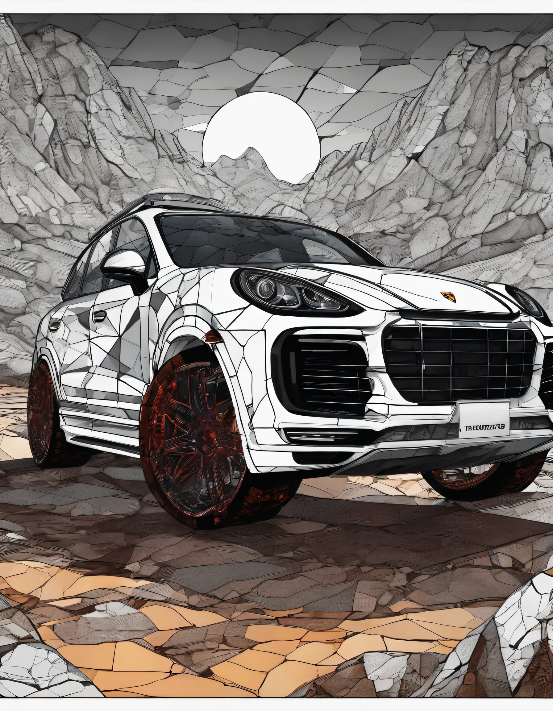 2022 (white)(Porsche Cayenne)Horror-themed highly detailed illustration, gigantic wheels, outside in rocky terrain, very rocky, flashlight beams in the background, very dark, spooky, horror, eerie, unsettling, dark, spooky, suspenseful, grim, realism, fog, (but with) detailed retro-futuristic architecture