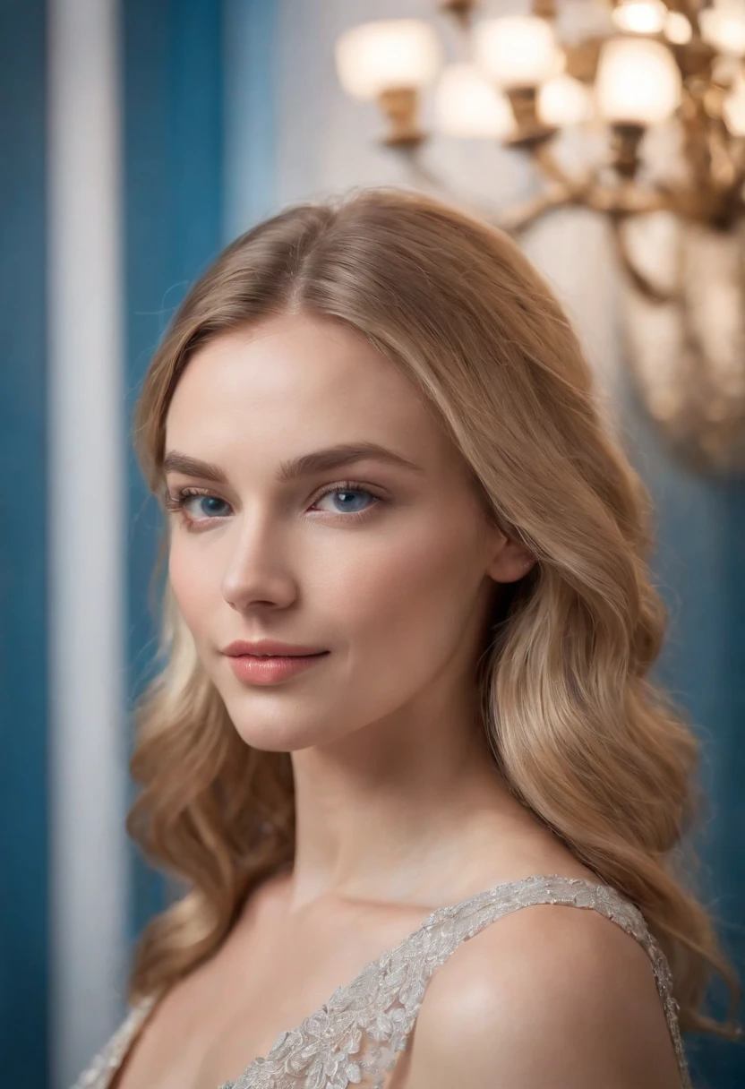 A close-up portrait of a young woman with fair skin, radiant blue eyes, and long wavy blonde hair, slightly turned to her left side, with a gentle smile on her rosy lips. The focus is primarily on her face, showcasing the intricate details such as the shimmer in her eyes, and the soft light reflecting off her smooth skin.

She stands against a backdrop of a dimly lit room with blue patterned wallpaper, adorned with circular designs emitting a soft luminescence. The shallow depth of field, possibly achieved with a lens having a focal length of 85mm and a wide aperture of f/1.4, blurs out the people in the background, creating a bokeh effect with the distant lights. The people in the background are merely silhouettes, conversing and mingling.

The image's lighting is ambient with a mix of natural and artificial sources. A warm, soft light source, perhaps from a hanging bulb or chandelier, is located at the top-right corner, casting a warm hue onto the woman's hair and cheek, adding depth and contrast to the image. The overall tone of the photograph suggests it's taken during the evening or in a setting with controlled lighting.

Camera settings might include a high dynamic range (HDR) to capture the various light intensities, an ISO of 100 to reduce noise, a shutter speed of 1/100th of a second to ensure sharpness while capturing the subtle movements of her hair, and the mentioned aperture of f/1.4 for that creamy bokeh and sharp focus on the subject. The image's color representation is true-to-life with accurate skin tones, contrasting the cool blue background with the warmth of the subject's face and hair.

Lastly, the composition adheres to the rule of thirds, with the subject's eyes aligning with the upper third of the frame, creating a balanced and harmonious visual appeal.