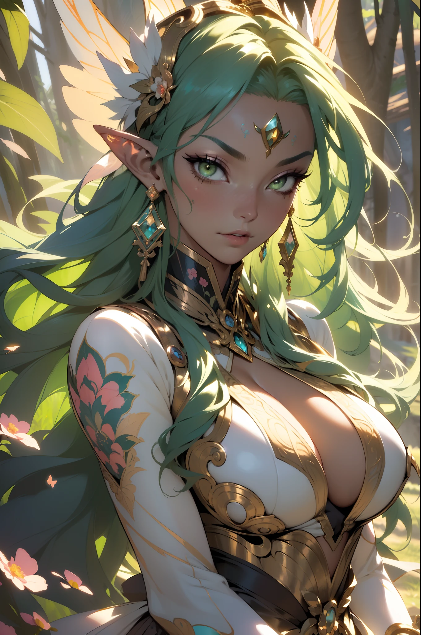 ((Best quality UHD)), ((masterpiece)), (detailed: 1.4), (Absurd), the most beautiful and sexy elf warrior princess, long platinum green hair blowing in the wind, dark african kinetic skin, vibrant glowing yellow eyes, hot woman, wearing highly detailed battle armor, beautiful colorful fairy wings, sculptural body (((huge enormously gigantic tits, cleavage showing)), tons of tattoos and piercings(((unkempt hair)), very long finely detailed eyelashes, by mucha, niji --V5, close to real, sexy dynamic pose, arms behind head, pastel, centered, scale to fit the dimensions, flower pedals and butterflies blowing in the wind, highy detailed background, perfect masterpiece, best quality, best resolution