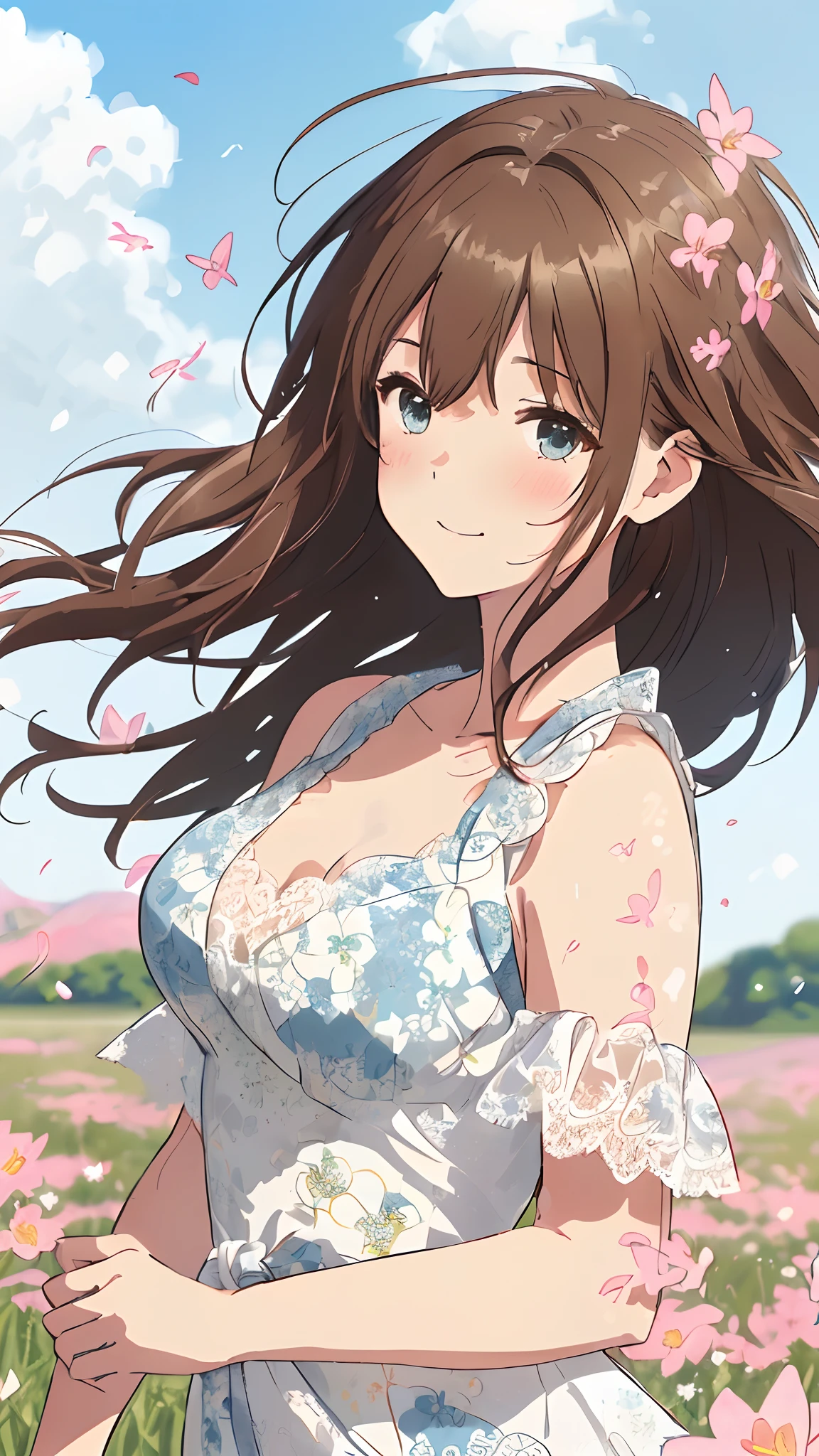 top-quality、​masterpiece、(1 adult female:1.3)、(Soft bust:1.2)、natural(huge tit)、slender、(View landscape:1.1)、Seen from the side、(Kamimei)、(thin and simple white lace dress:1.2)、Brown hair、(Hair is tied back)、(Hair fluttering in the wind:1.3)、Dark blue eyes、(Highlights in the eyes)、(Look at viewers:1.2)、de pele branca、red blush、A slight smil、(blue-sky:1.3)、grass field、(Avoid the background around the upper body:1.3)、(Blur the background a lot to make the woman stand out:1.3)、Beautiful flowers、diffuse sunlight