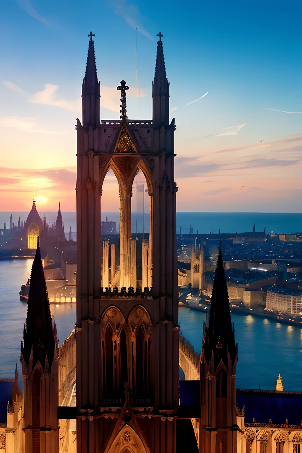 Aerial view、Sea view、Super-developed civilization、Huge metropolis、cathedral、Fantasia、Magnificent terrain、Hyper Beautiful Sky、High-rise complex、Medieval European style、European style architectural group