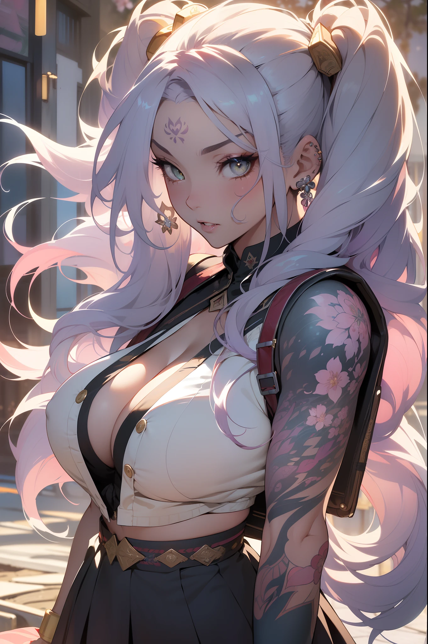 ((Best quality UHD)), ((masterpiece)), (detailed: 1.4), (Absurd), the most beautiful and sexy school girl, long rainbow colored hair in pigtails blowing in the wind, pale kinetic skin, vibrant glowing yellow eyes, hot woman, wearing highly detailed school uniform and backpack, sculptural body (((huge enormously gigantic tits, cleavage showing)), tons of tattoos and piercings(((unkempt hair)), very long finely detailed eyelashes, by mucha, niji --V5, close to real, sexy dynamic pose, pastel, centered, scale to fit the dimensions, school campus, cherry blossoms blowing in the wind, highy detailed background, perfect masterpiece, best quality, best resolution