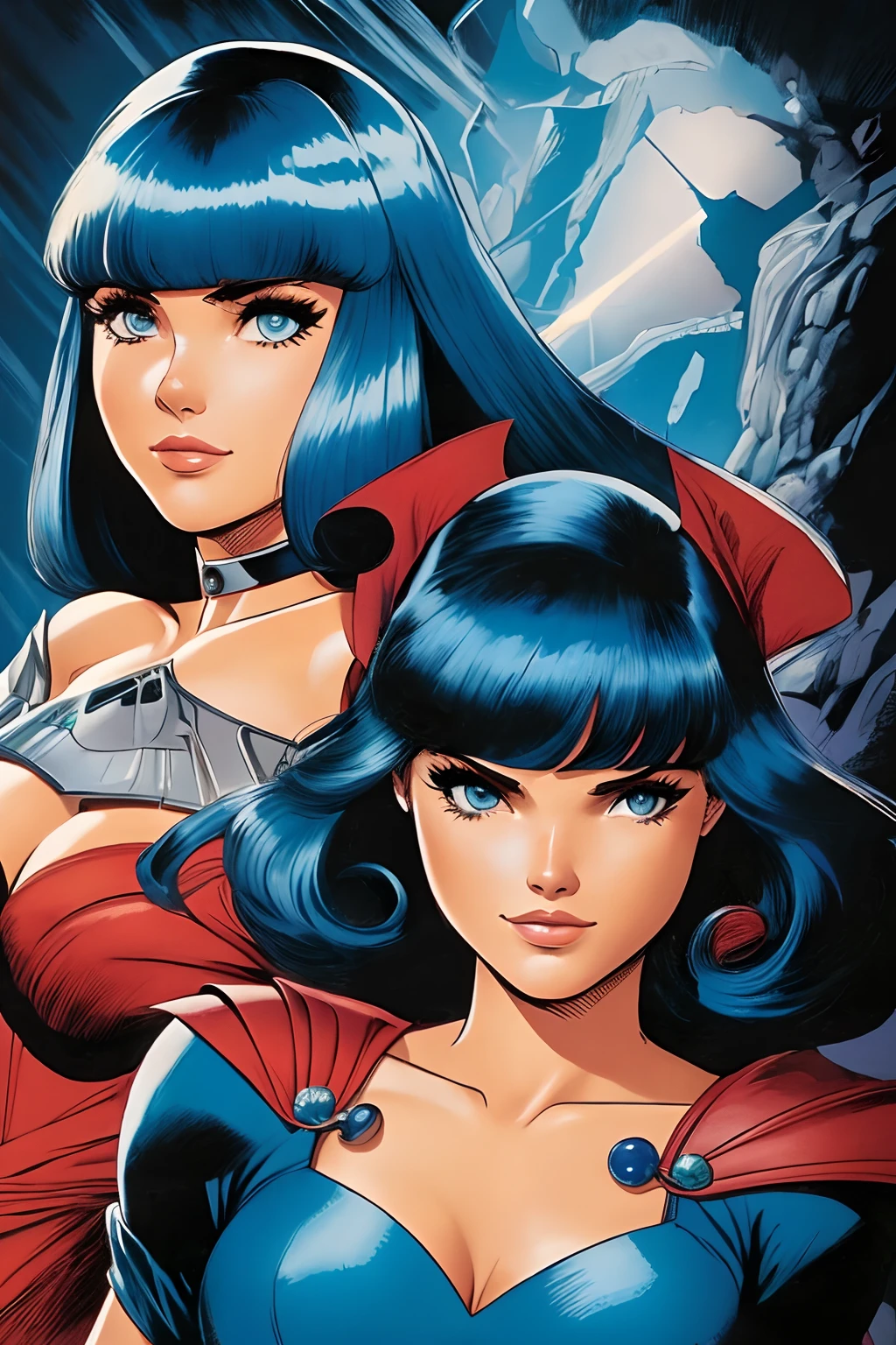 No melhor estilo John Romita Sr,master part, best quality, Gwendolyn_Tennyson, cabelo laranja curto, Bangs varridos para os lados, grampo de cabelo azul, Rindo, armadura azul do corpo