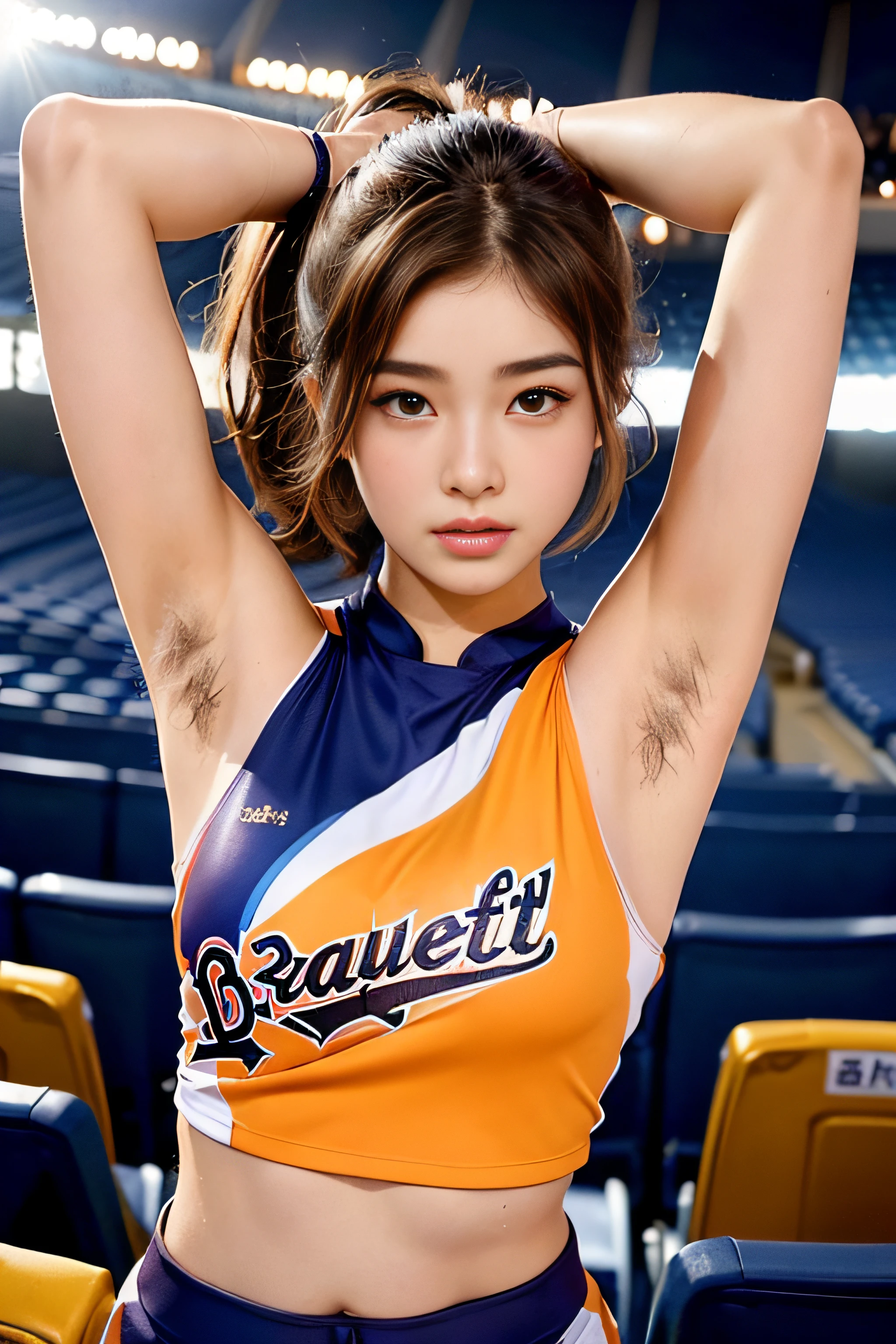 1womanl、(Super beautiful)、(beauitful face:1.5)、22year old、Professional Baseball Team Cheerleading、hairarmpits、(Armpit hair:1.4)、(sleeveless clothes)、(You can see the shape of the nipple:1.1)、makeup、(wetted skin)、 Brown hair、(Cheering seats in a fully booked stadium)、At SFW