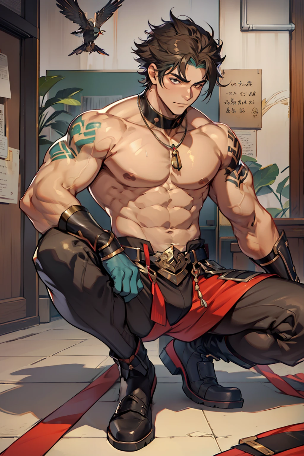 A mais alta qualidade de imagem，Pessoas do sexo masculino，Child，1 ，jovem e bonito，Shoun，cabelos brancos，Cabelo liso curto，Pele escura，Anime peito grande，anime wallpaper，sozinho，Foco Masculino，cuecas，Dilation of the pectoral muscles，capa vermelha，Virilha saliente，Fundo Urbano，Espalhe as pernas，sexy,(master part, best quality),meias brancas longas，Botas Red Martin，