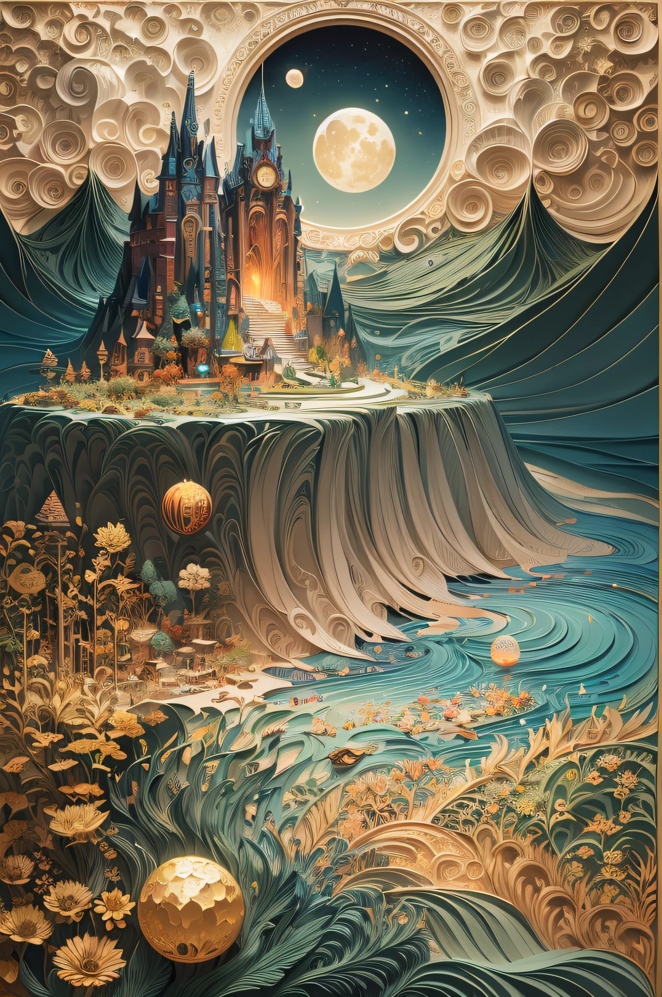 （Flat paper cutout。）,[paper quilling:15]，[Castle by the sea:10] florals，mountain peaks，the sea，golden moon，Works by Alphonse Mucha， ( Paper art sewing art style:1.5)，Vivid Color paper modeling art, paper art, made of paper, karol bak uhd, layered paper art, Intricate fantasy of reality, fantasy. Intricate, Intricate beauty, Obras de arte intrincadas,